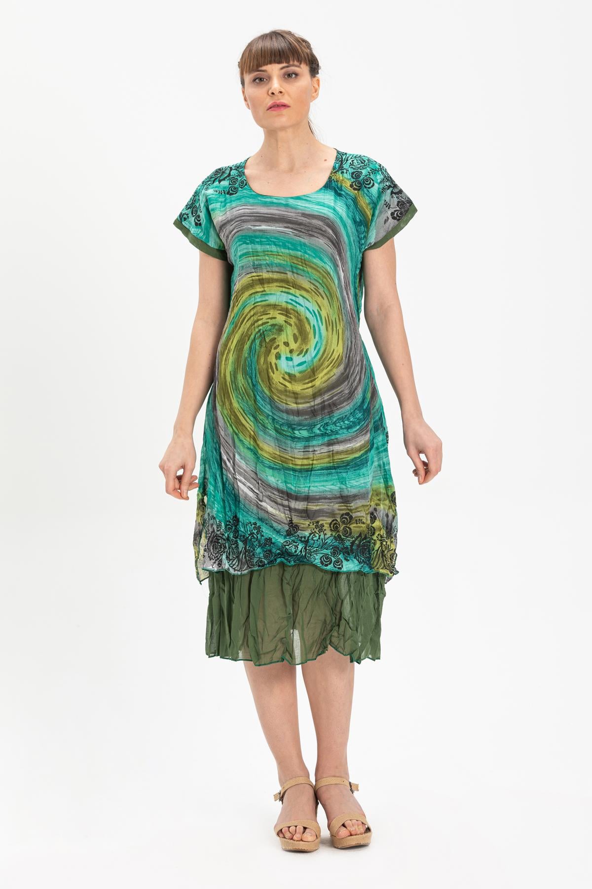 Short Sleeve Voile Defne Midi Length Dress Green2