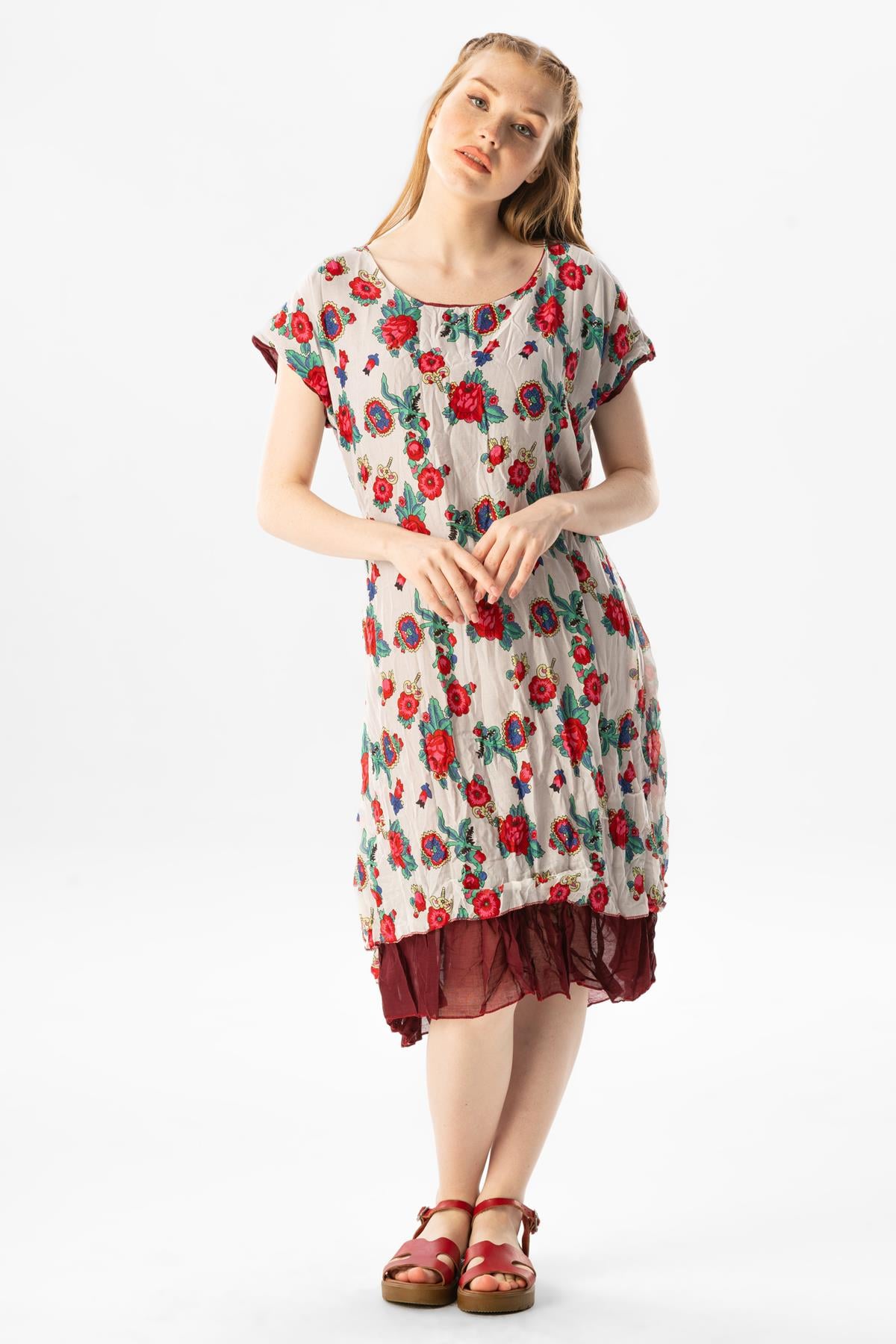 Short Sleeve Voile Defne Midi Length Dress Claret White 
