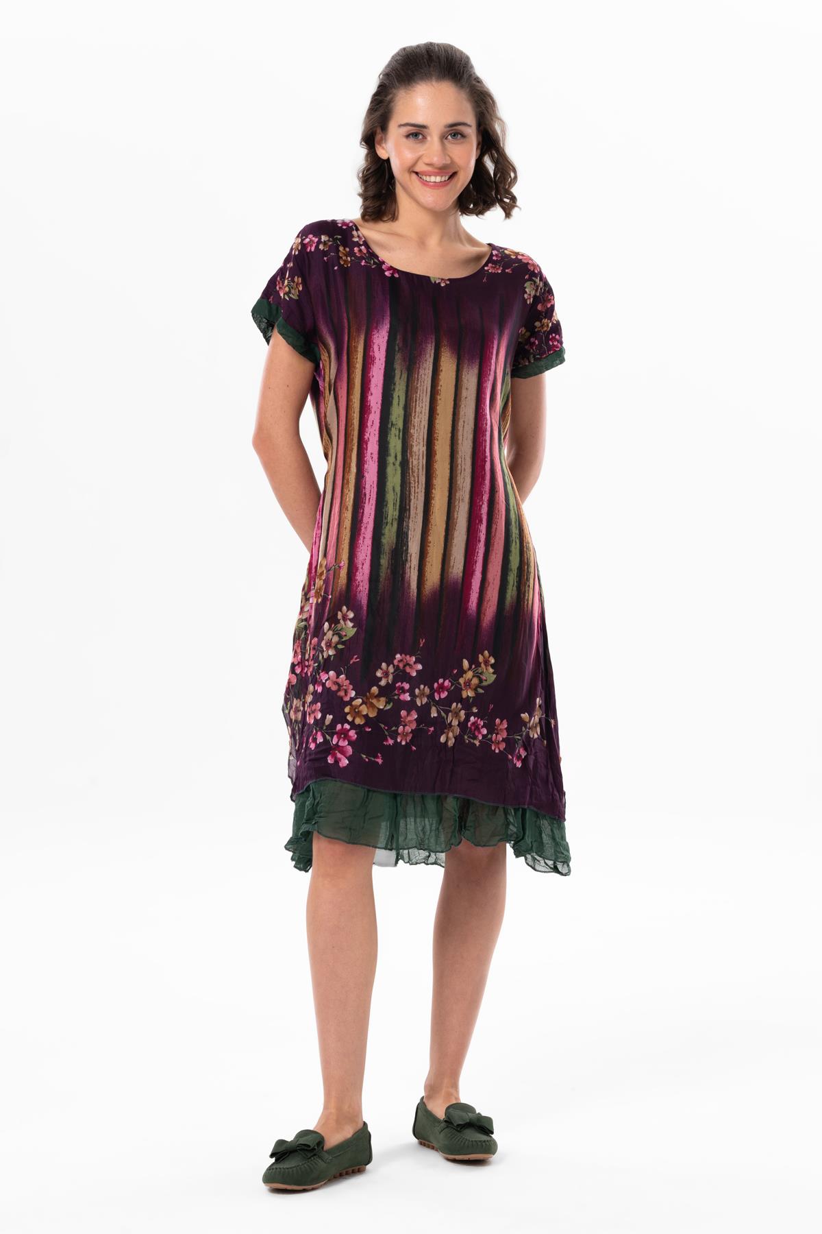 Kısa Kol Vual Defne Midi Boy Yazlık Otantik Elbise Mor 6093