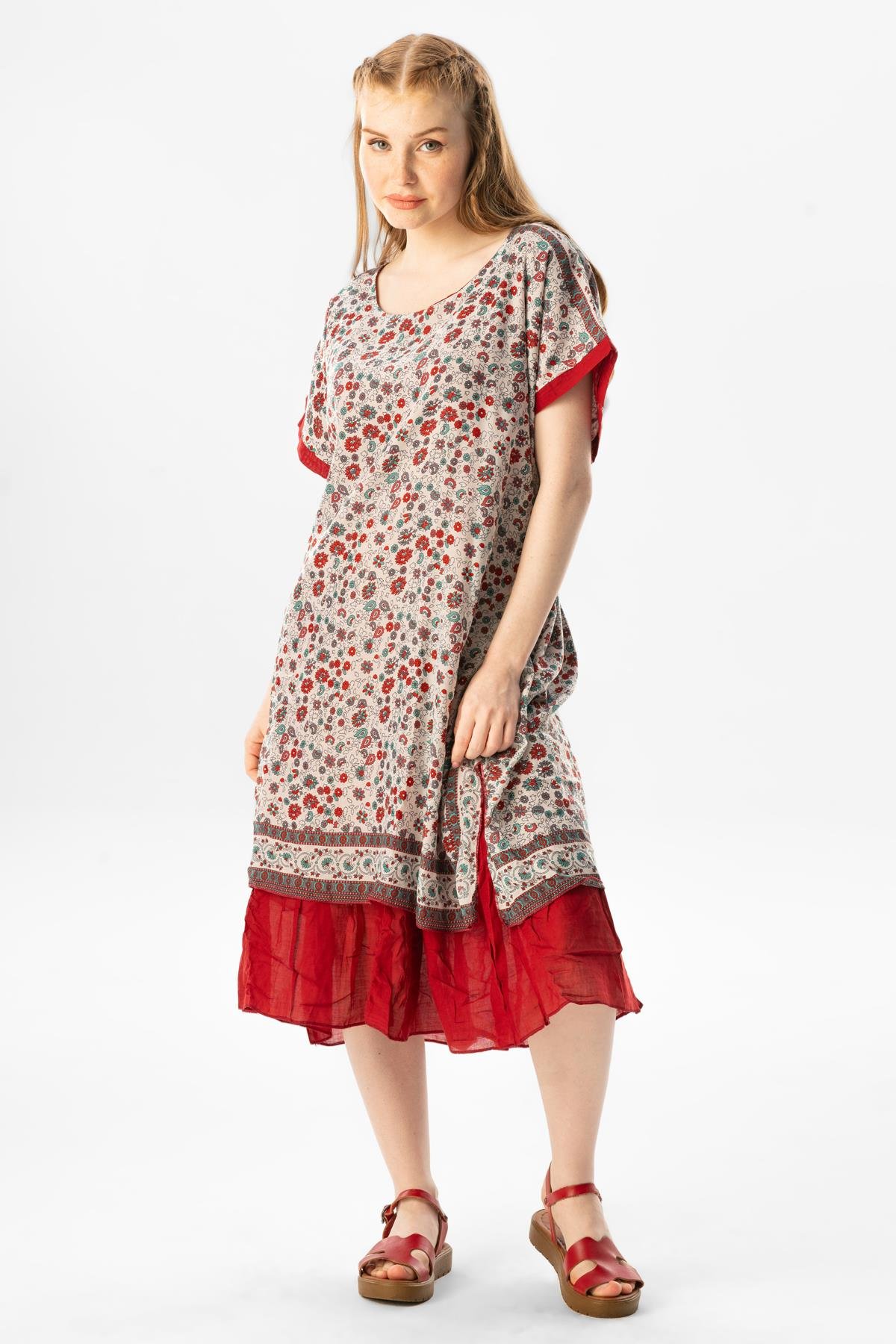 Kısa Kol Vual Defne Midi Boy Yazlık Otantik Elbise Bordo 6096