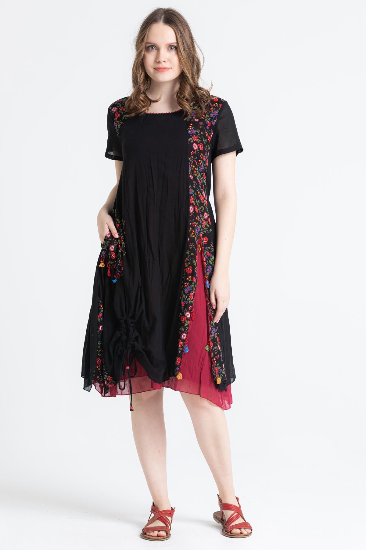 Kısa Kol Vual Ilgın Oyalı Midi Boy Elbise Siyah Syh