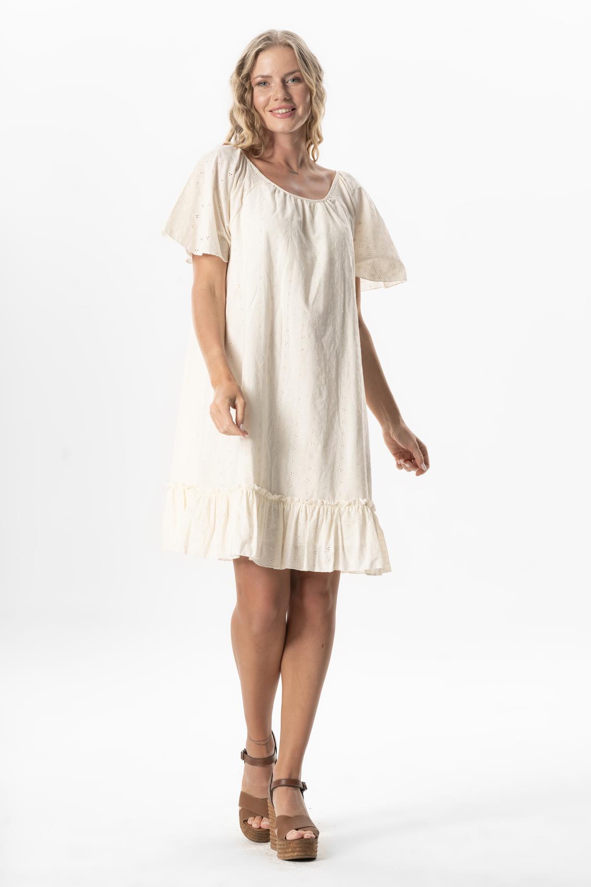 Short Sleeve Voile Katre Guipure Short Summer Dress Cream
