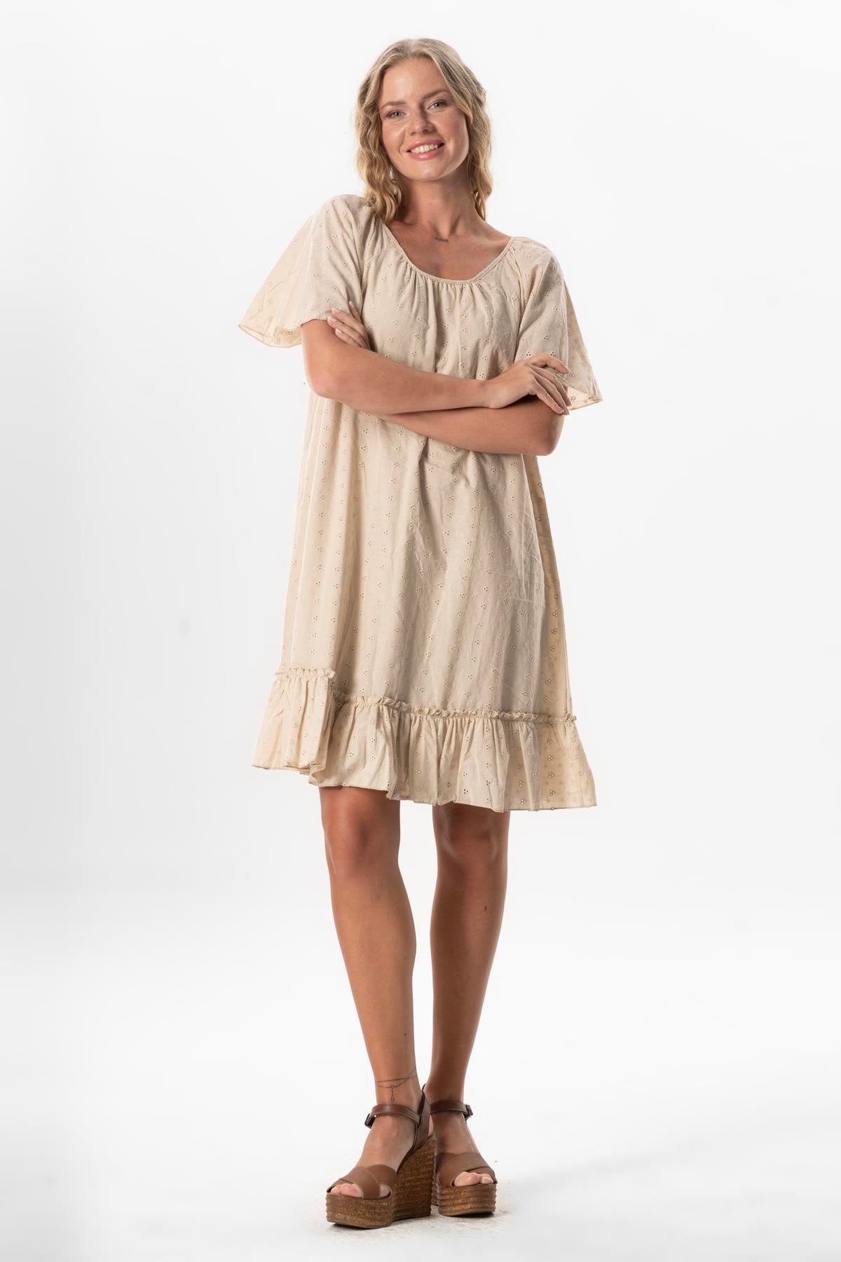 Short Sleeve Voile Katre Guipure Short Summer Dress Beige