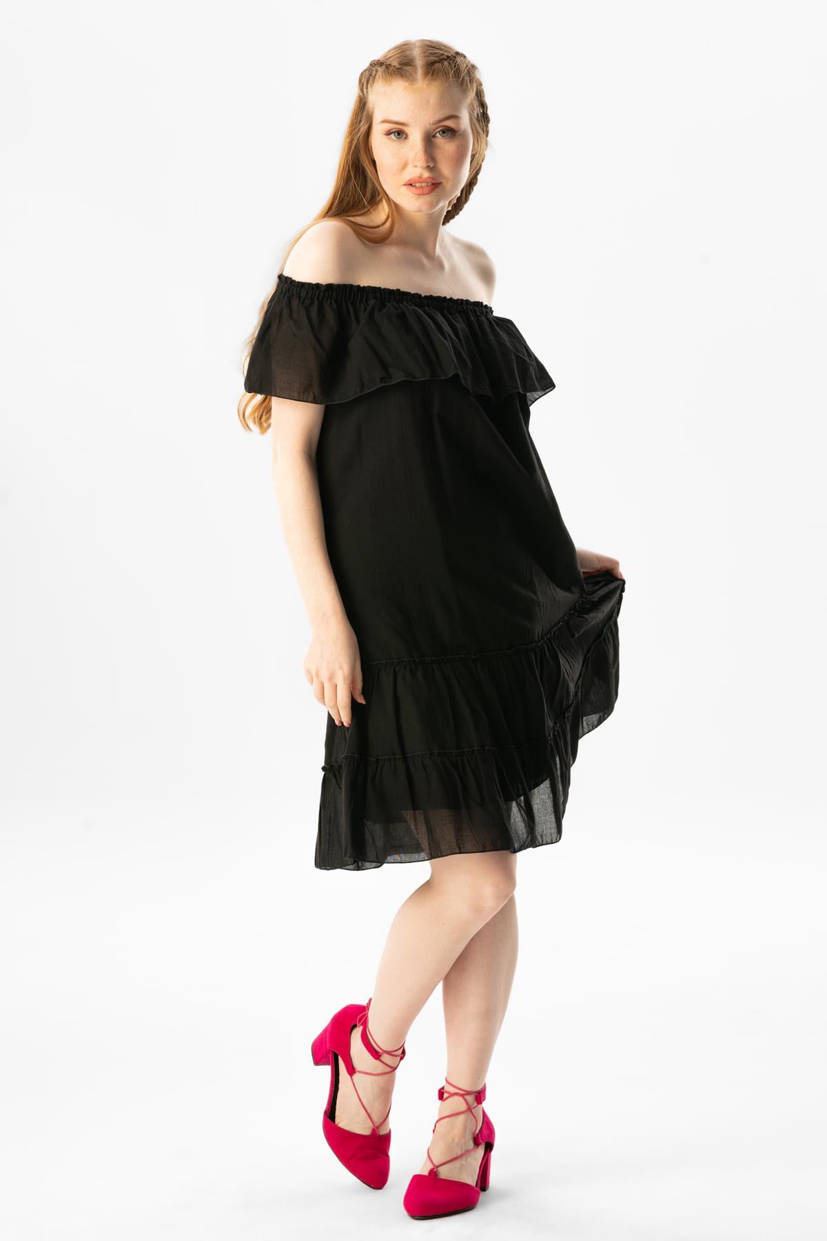 Short Sleeve Voile Lavinya Boat Neck Short Summer Dress Black