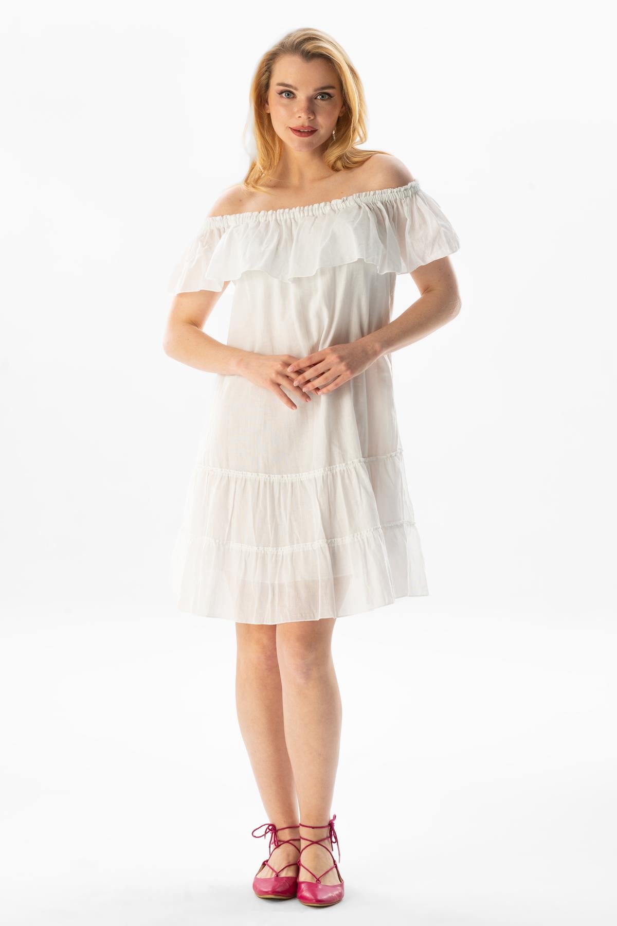 Short Sleeve Voile Lavinya Boat Neck Short Summer Dress White