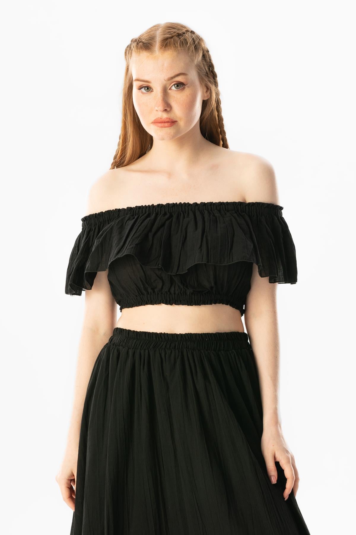 Short Sleeve Voile Lavinya Boat Neck Summer Blouse Black