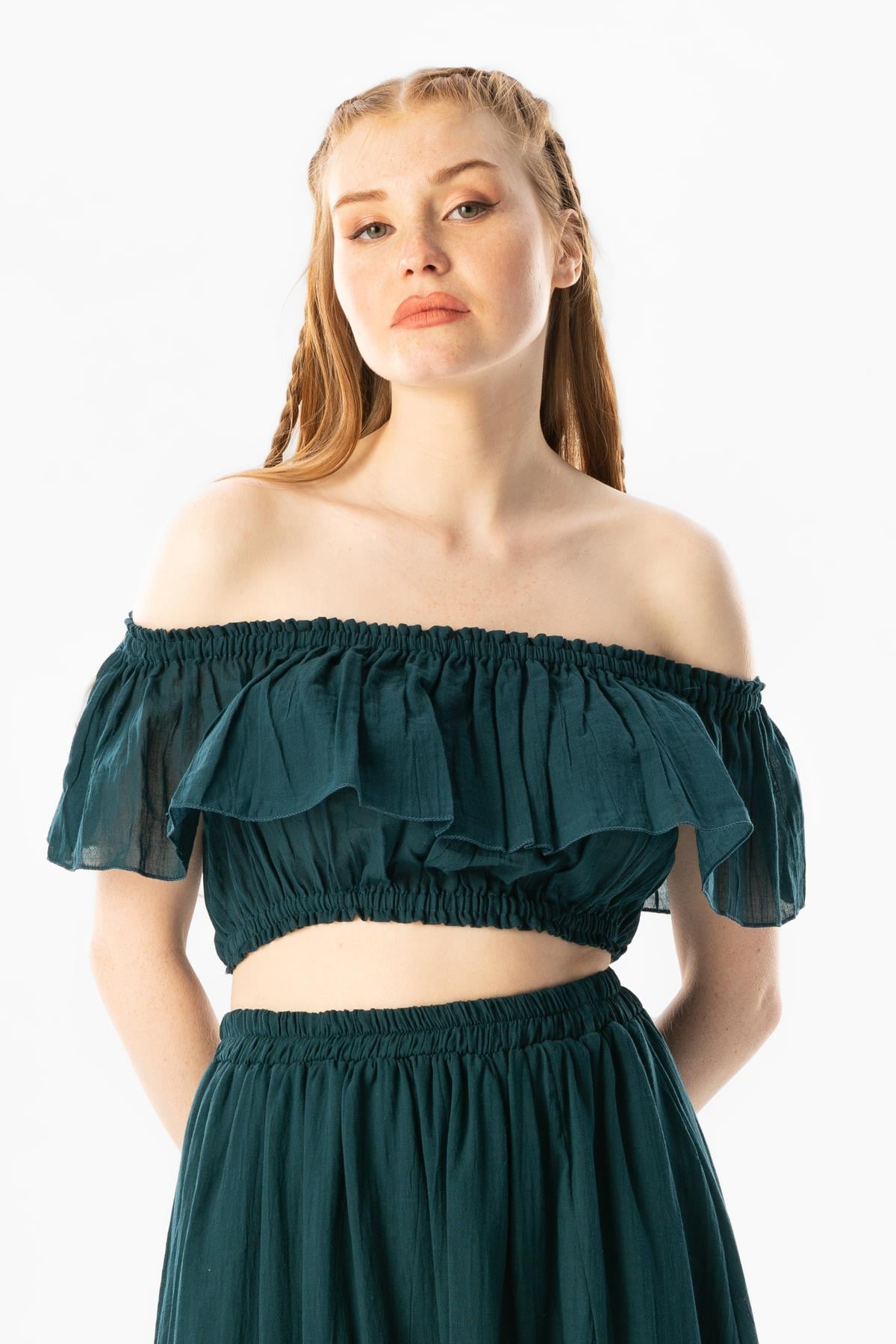 Short Sleeve Voile Lavinya Boat Neck Summer Blouse Petrol