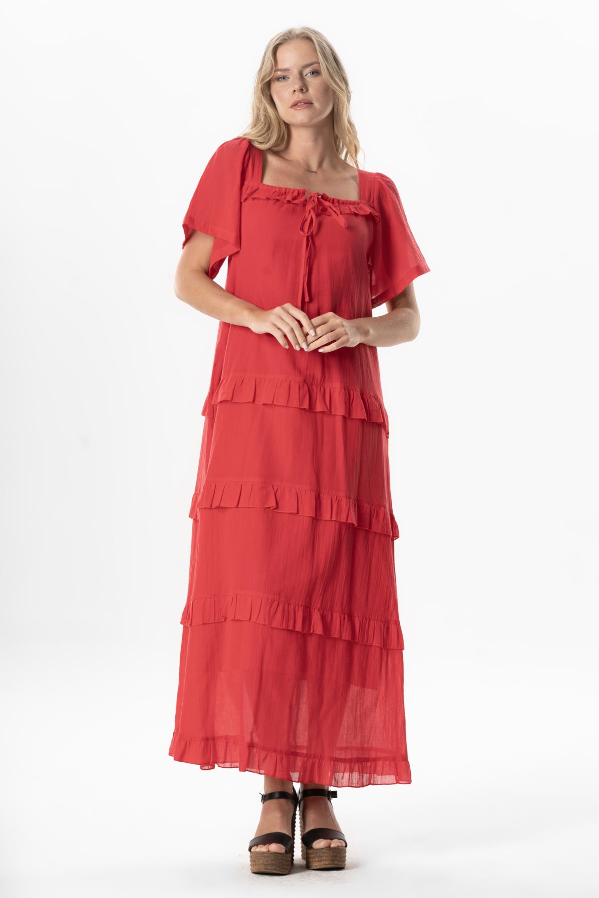 Short Sleeve Voile Leman Square Neck Long Summer Dress Coral