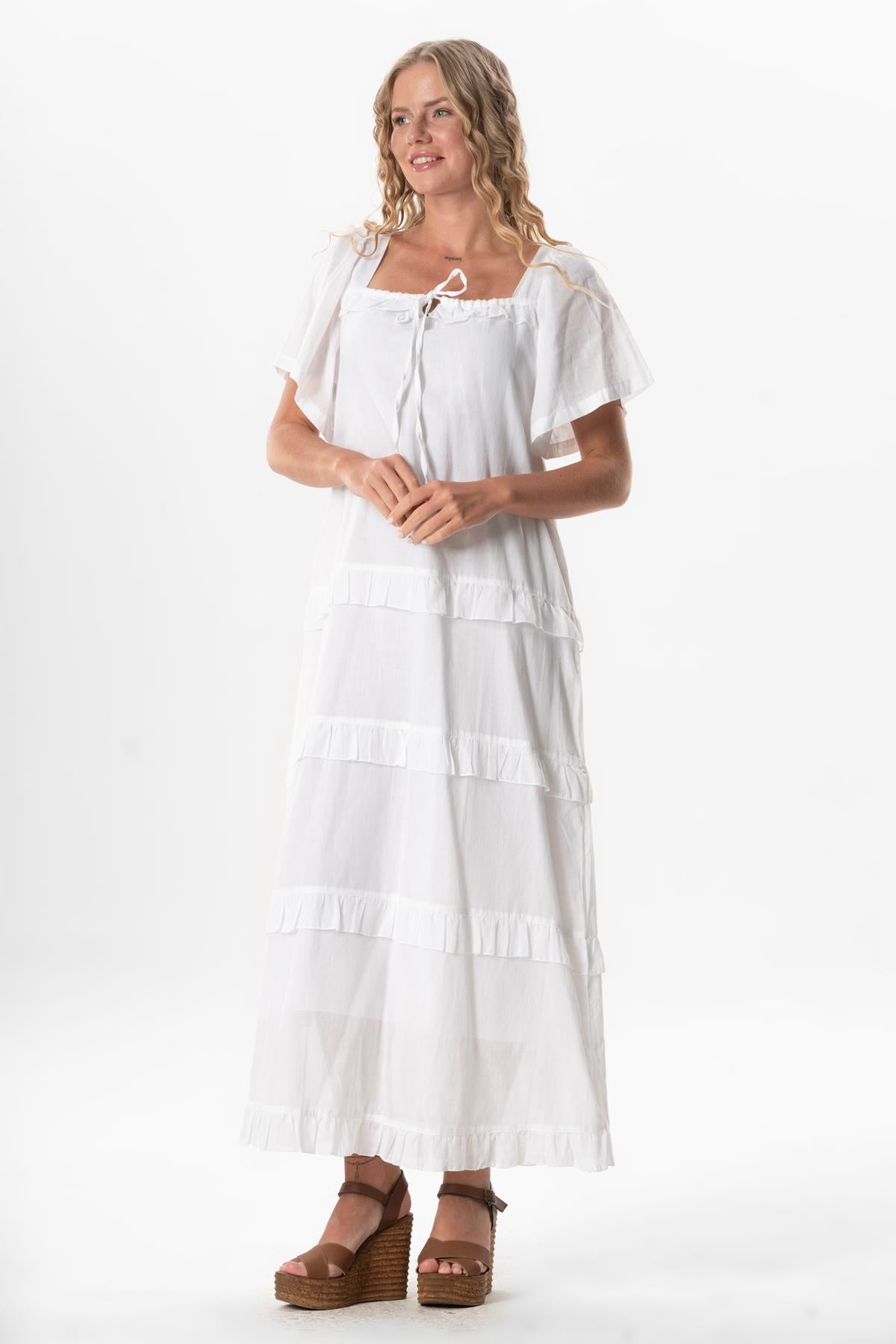 Short Sleeve Voile Leman Square Neck Long Summer Dress White 