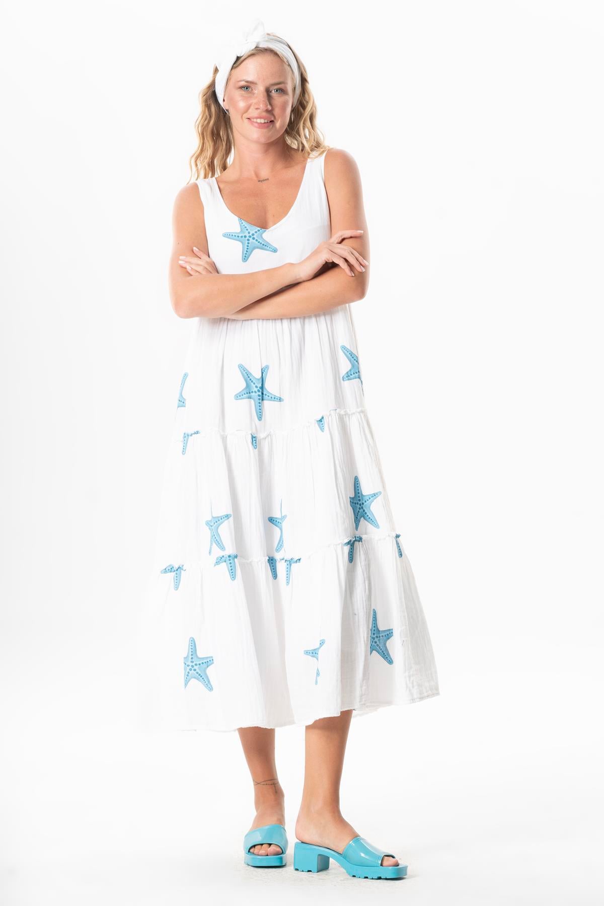 Artemis Sleeveless Dress Star Pattern White