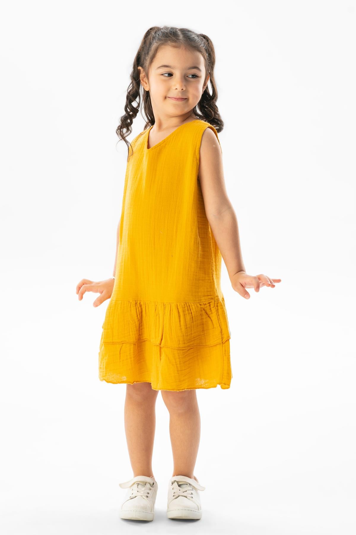 Sleeveless Aybike Summer Muslin Kids Dress Mustard