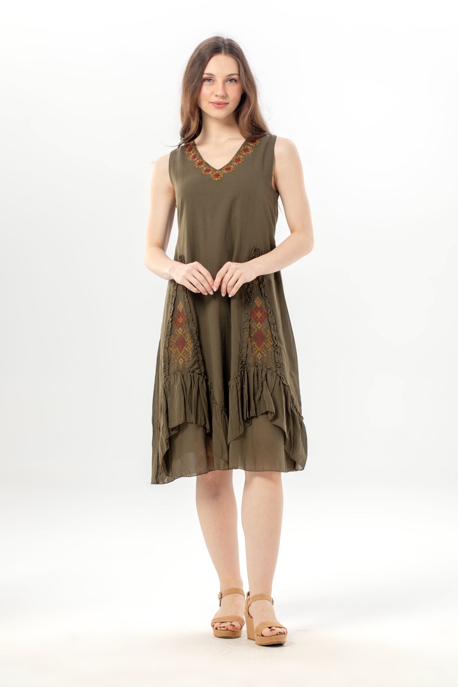 Sleeveless Begüm V-Neck Summer Embroidered Authentic Voile Short Dress Khaki
