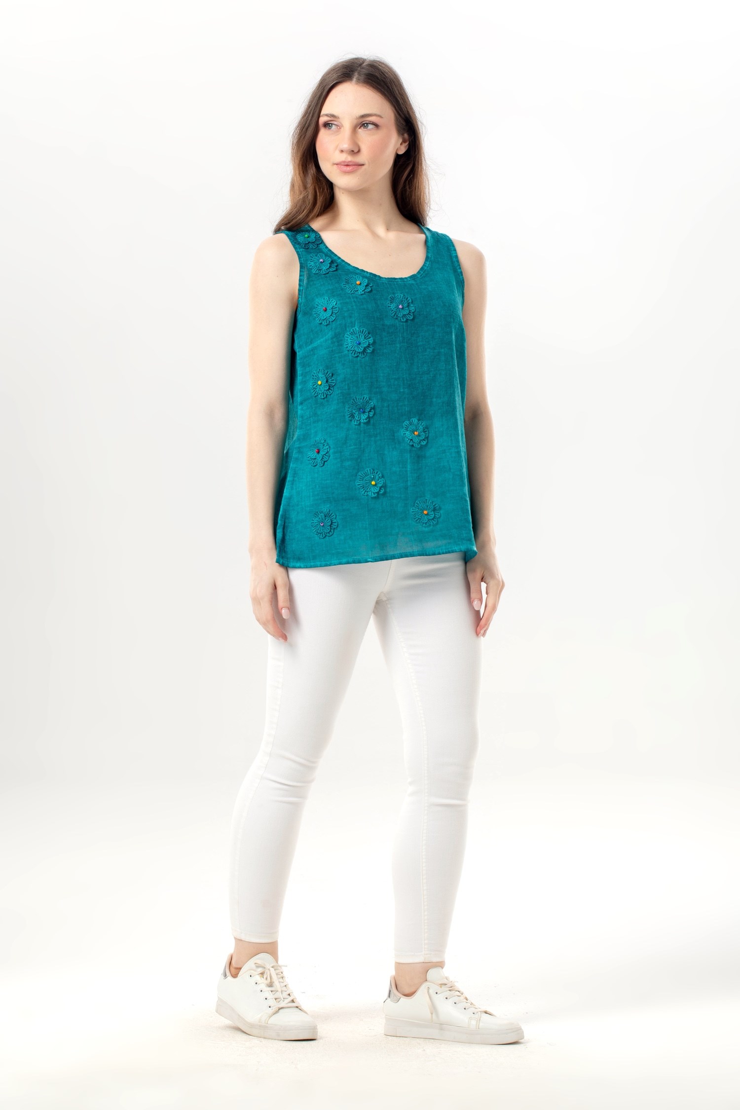 Sleeveless Devin Patterned Summer Poplin Blouse Nile Green 
