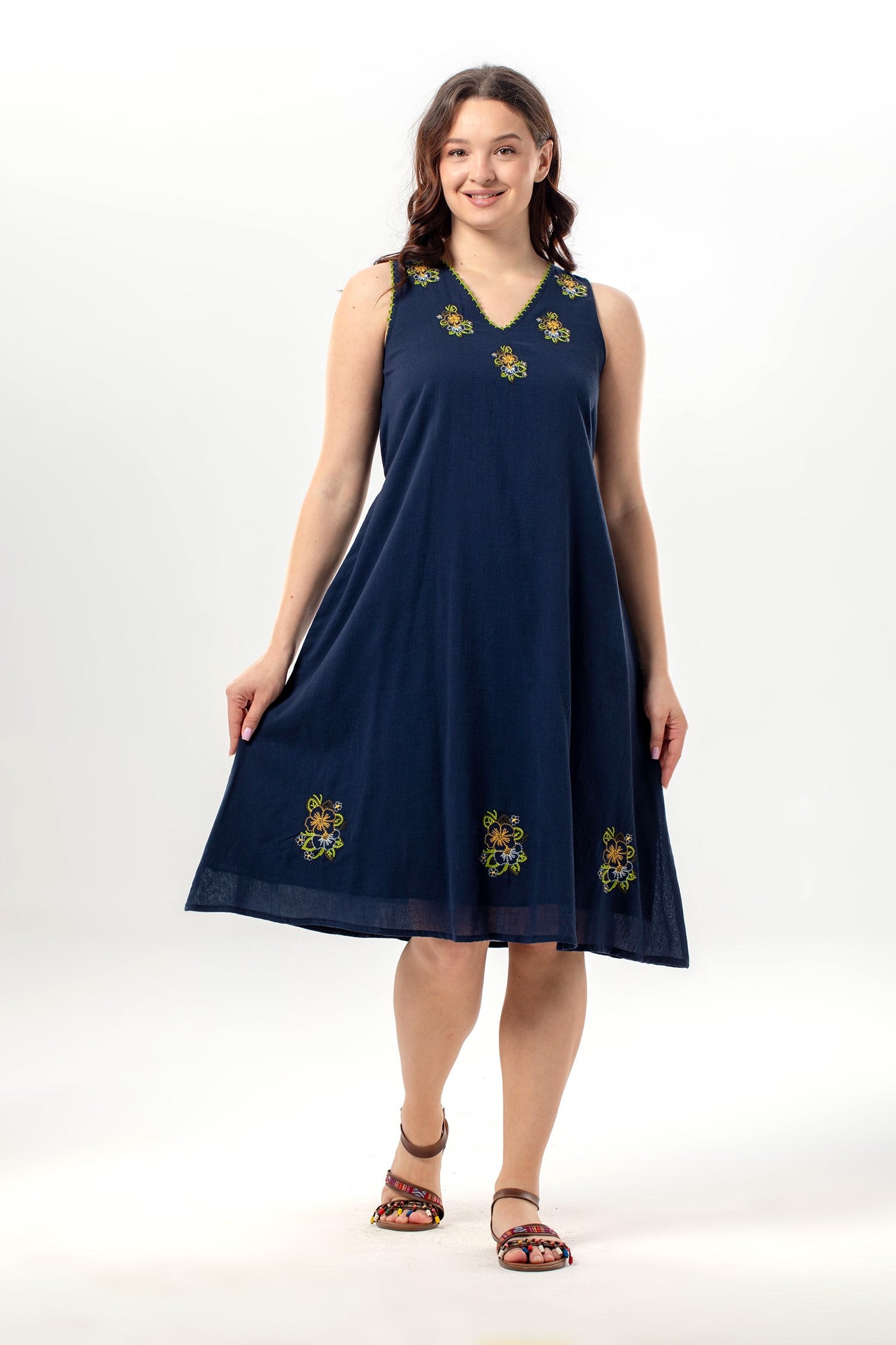 Sleeveless Legend V-Neck Embroidered Summer Şile Fabric Midi Dress Navy Blue