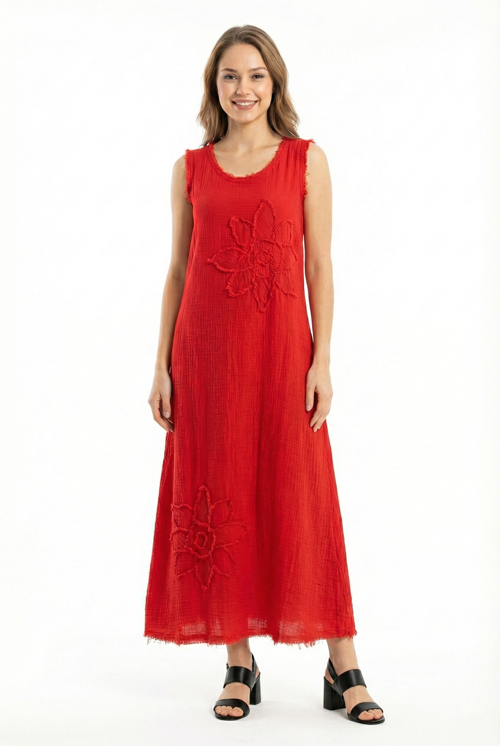 Sleeveless Ferah Bicycle Neckline Summer Authentic Muslin Long Dress Red