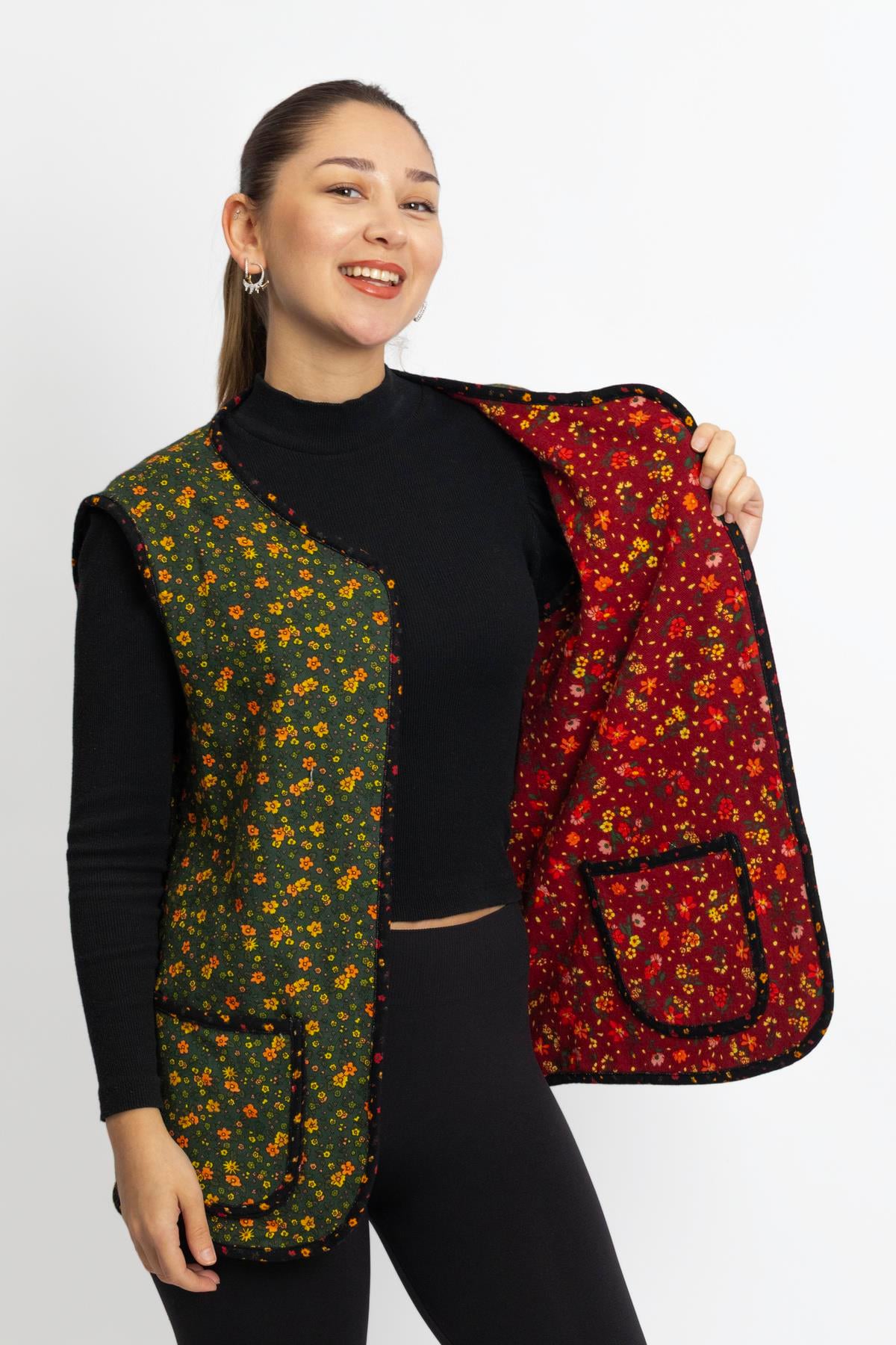 Sleeveless Meryem Two-Sided Pocketed Flannel Winter Vest Daisy Green/Burgundy