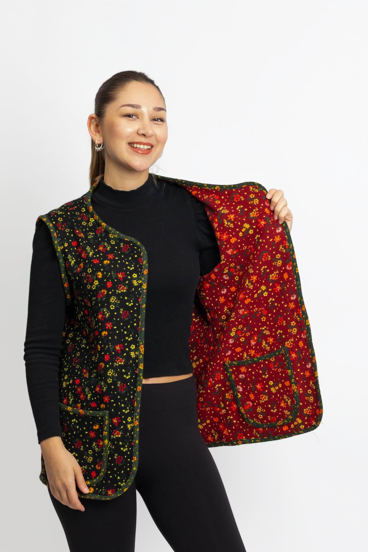 Sleeveless Meryem Two-Sided Pocketed Flannel Winter Vest Flower Black/Burgundy