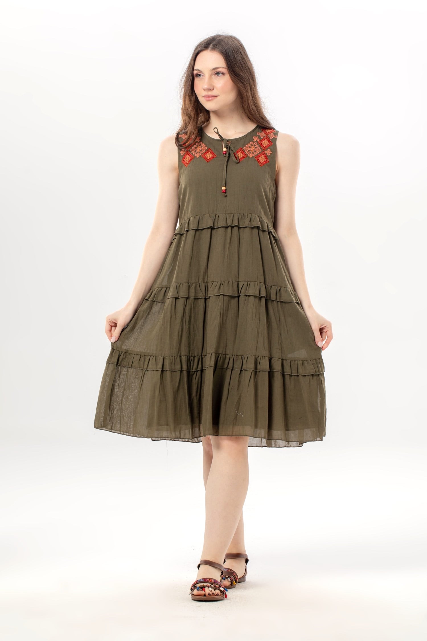 Sleeveless Mina Embroidery Detailed Lace Collar Summer Voile Dress Khaki