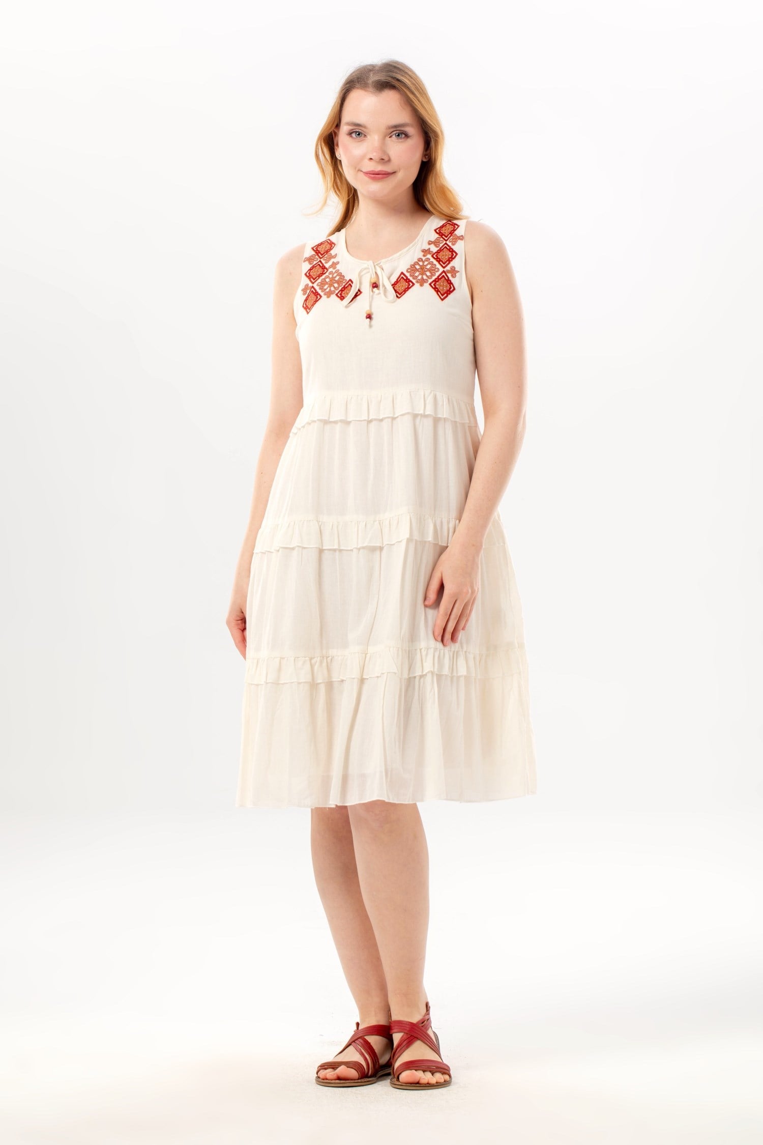 Sleeveless Mina Embroidery Detailed Lace Collar Summer Voile Dress Cream