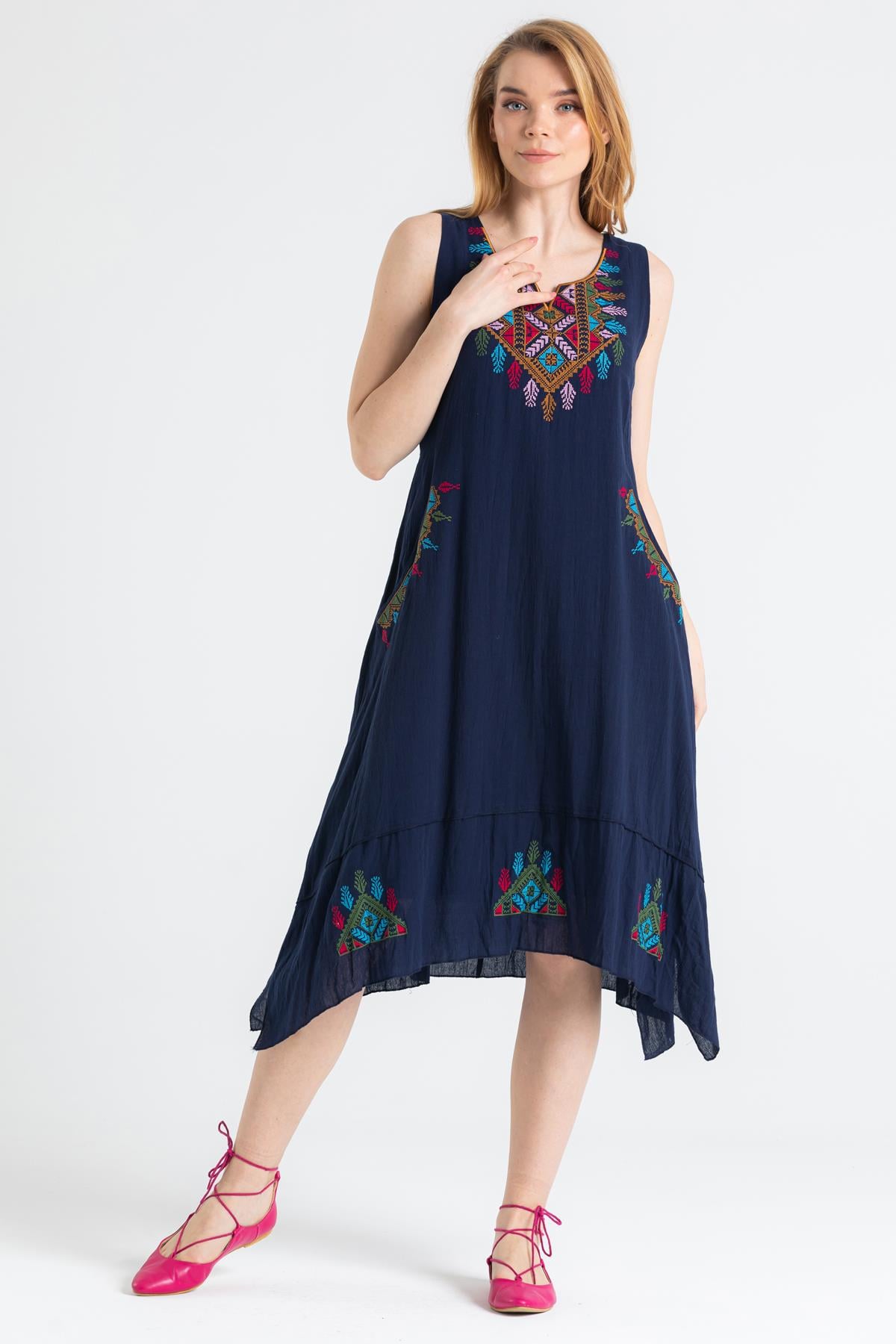 Sleeveless Şile Fabric Antique Embroidered Midi Length Dress Navy Blue
