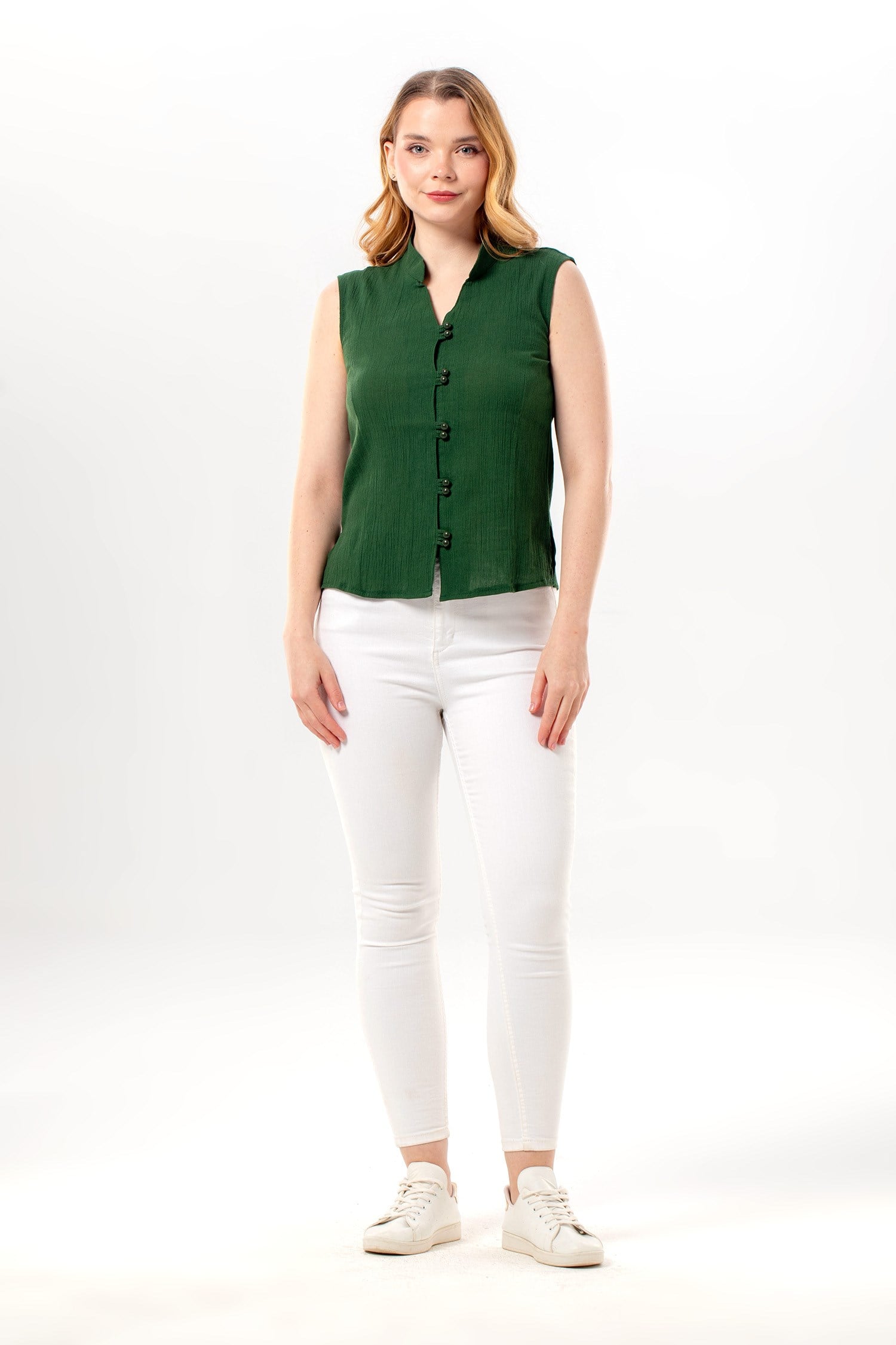 Sleeveless Şile Fabric Desire Blouse Green