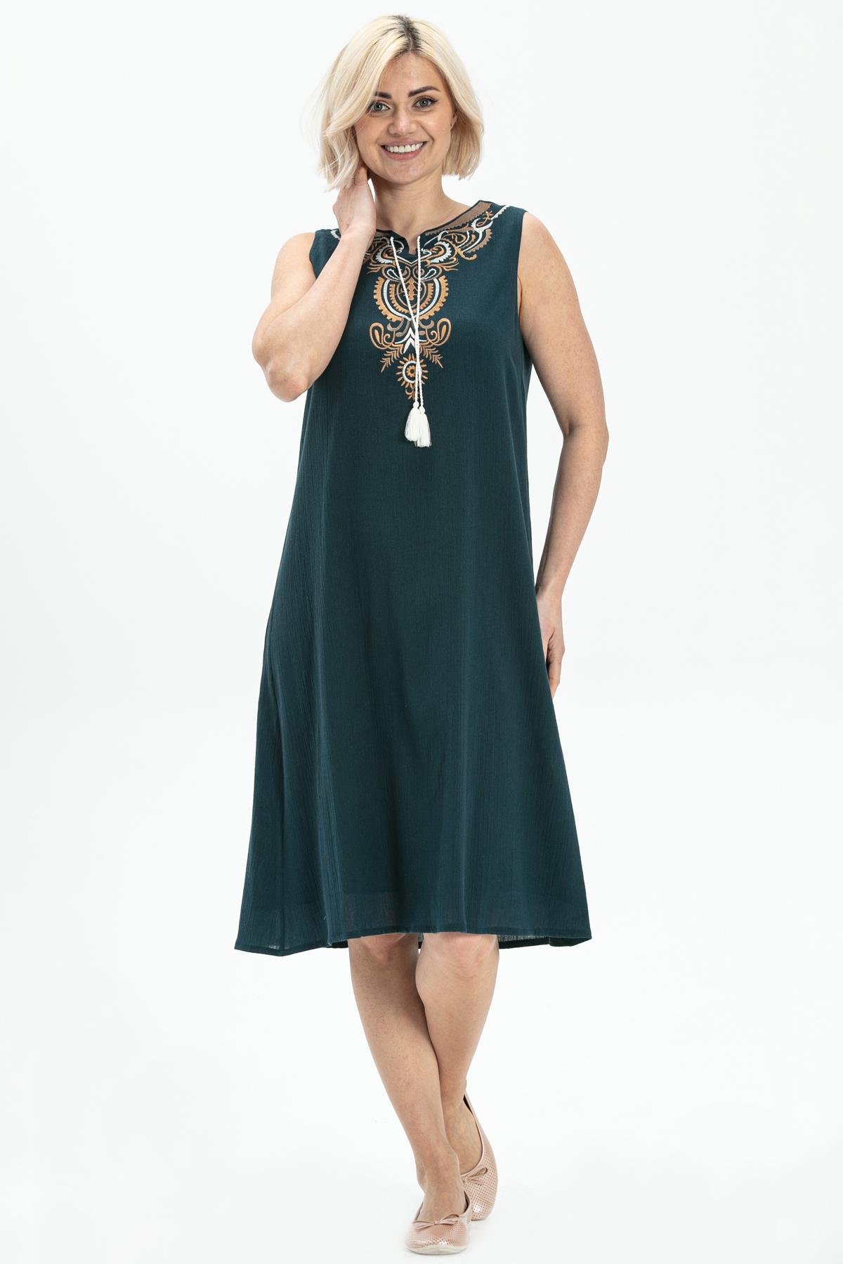 Kolsuz Şile Bezi Aygül Midi Boy Elbise Petrol Ptrl