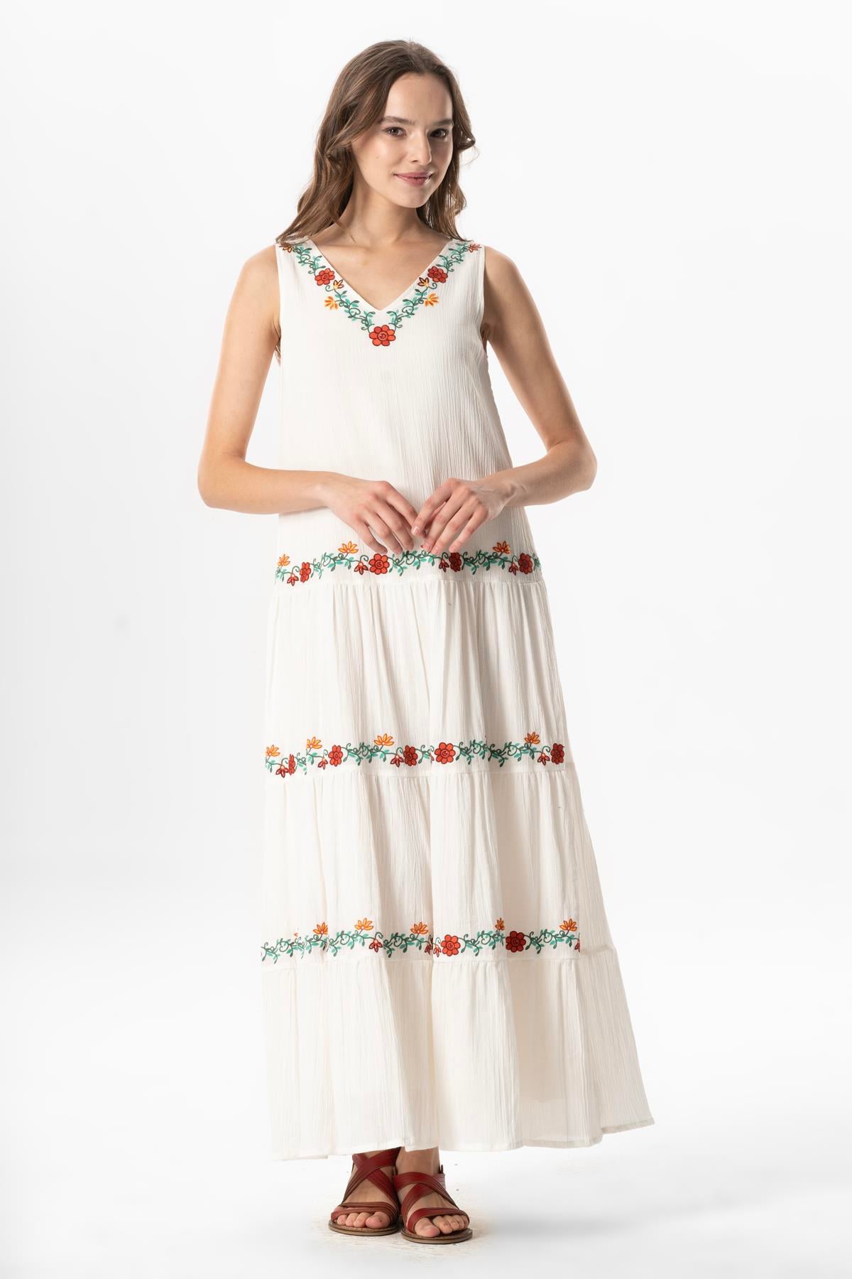 Sleeveless Sile Cloth Bahar V-Neck Embroidered Long Summer Dress Cream