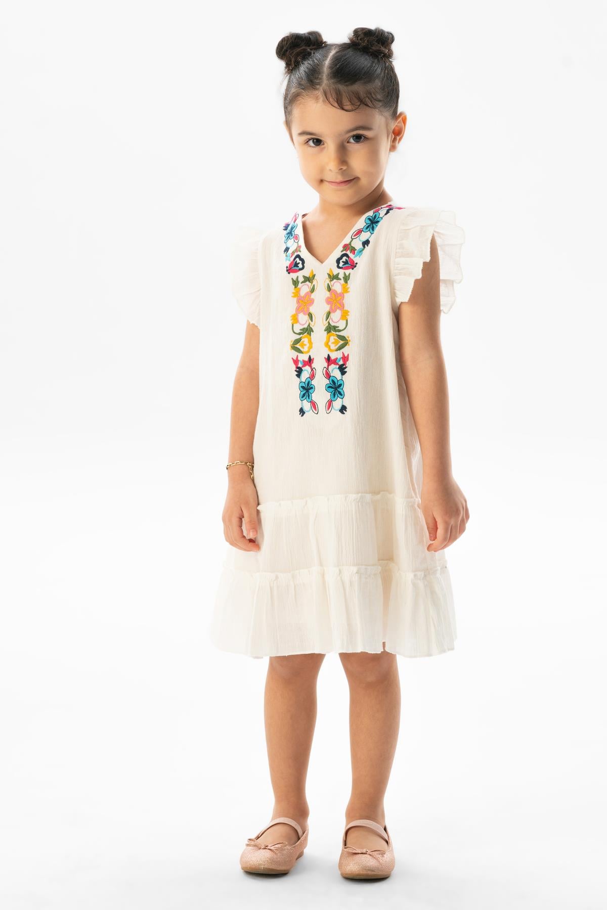 Sleeveless Sile Fabric Delfin Embroidery Detailed Summer Kids Dress Cream