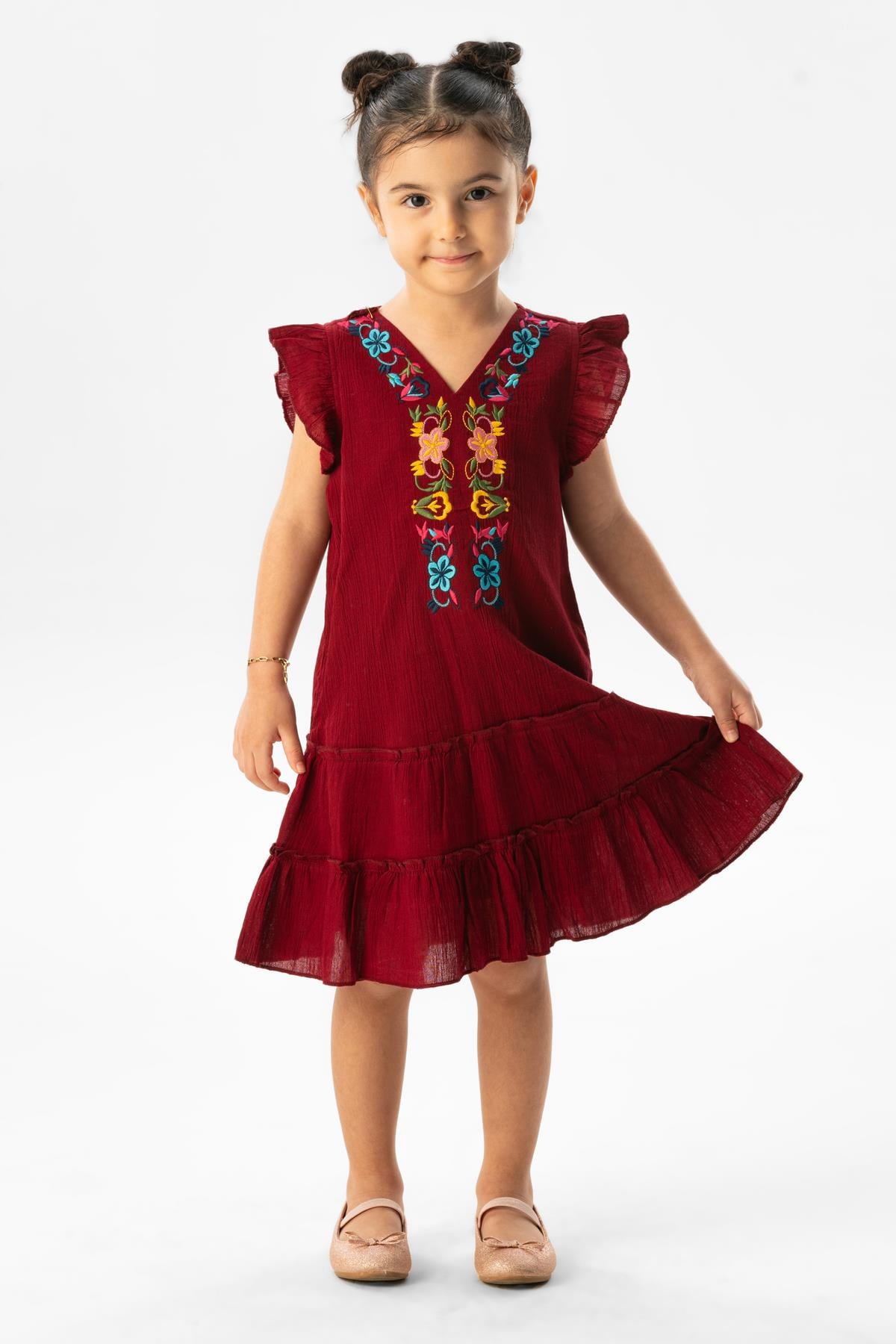 Sleeveless Sile Fabric Delfin Embroidery Detailed Summer Kids Dress Burgundy 