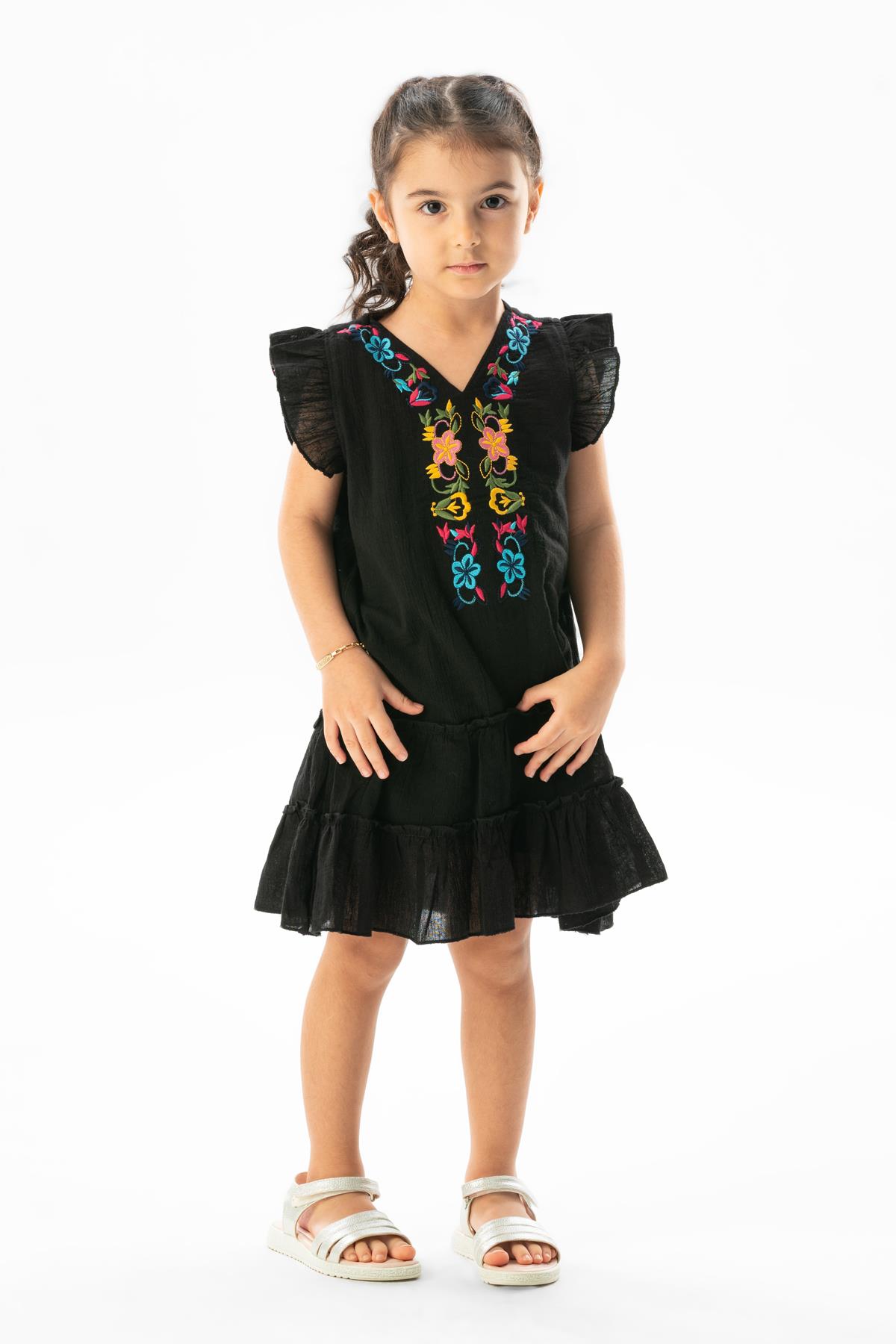 Sleeveless Sile Fabric Delfin Embroidery Detailed Summer Kids Dress Black