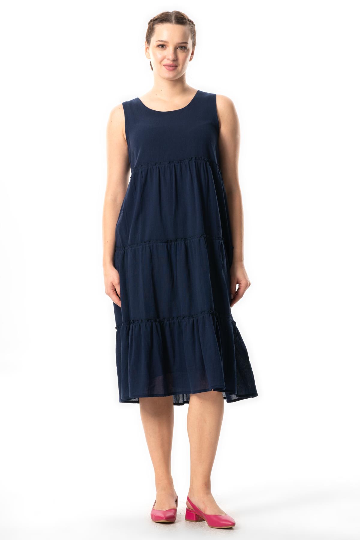 Sleeveless Şile Cloth Şule Midi Length Ruffle Detailed Summer Dress Navy Blue