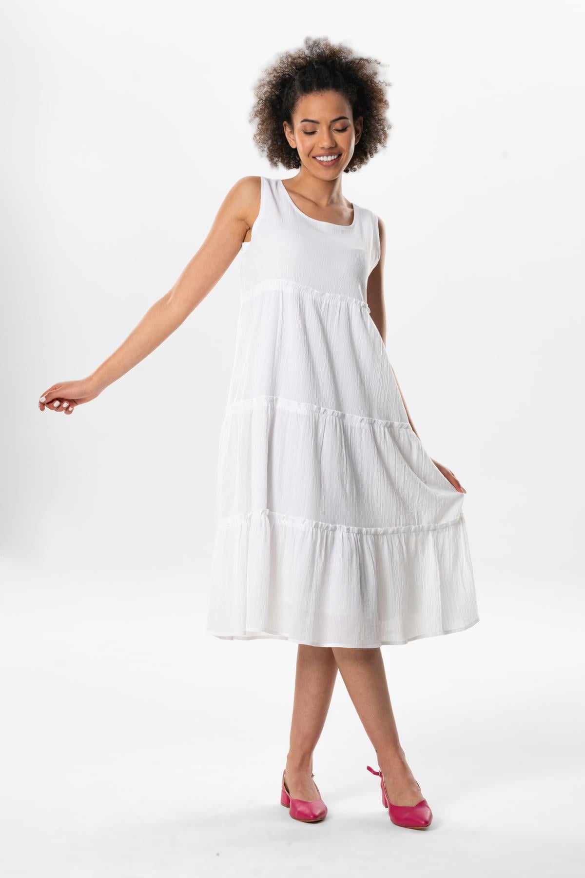 Sleeveless Şile Cloth Şule Midi Length Ruffle Detailed Summer Dress White