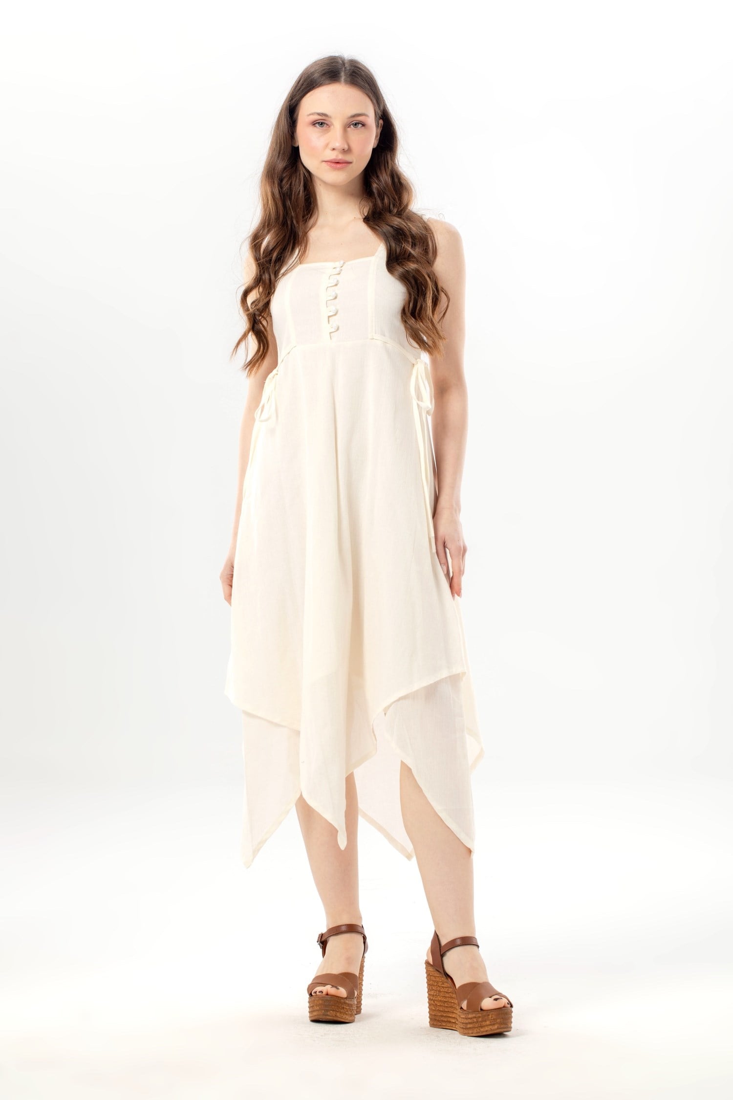 Sleeveless Şile Fabric Üçgen Katlı Midi Dress Cream