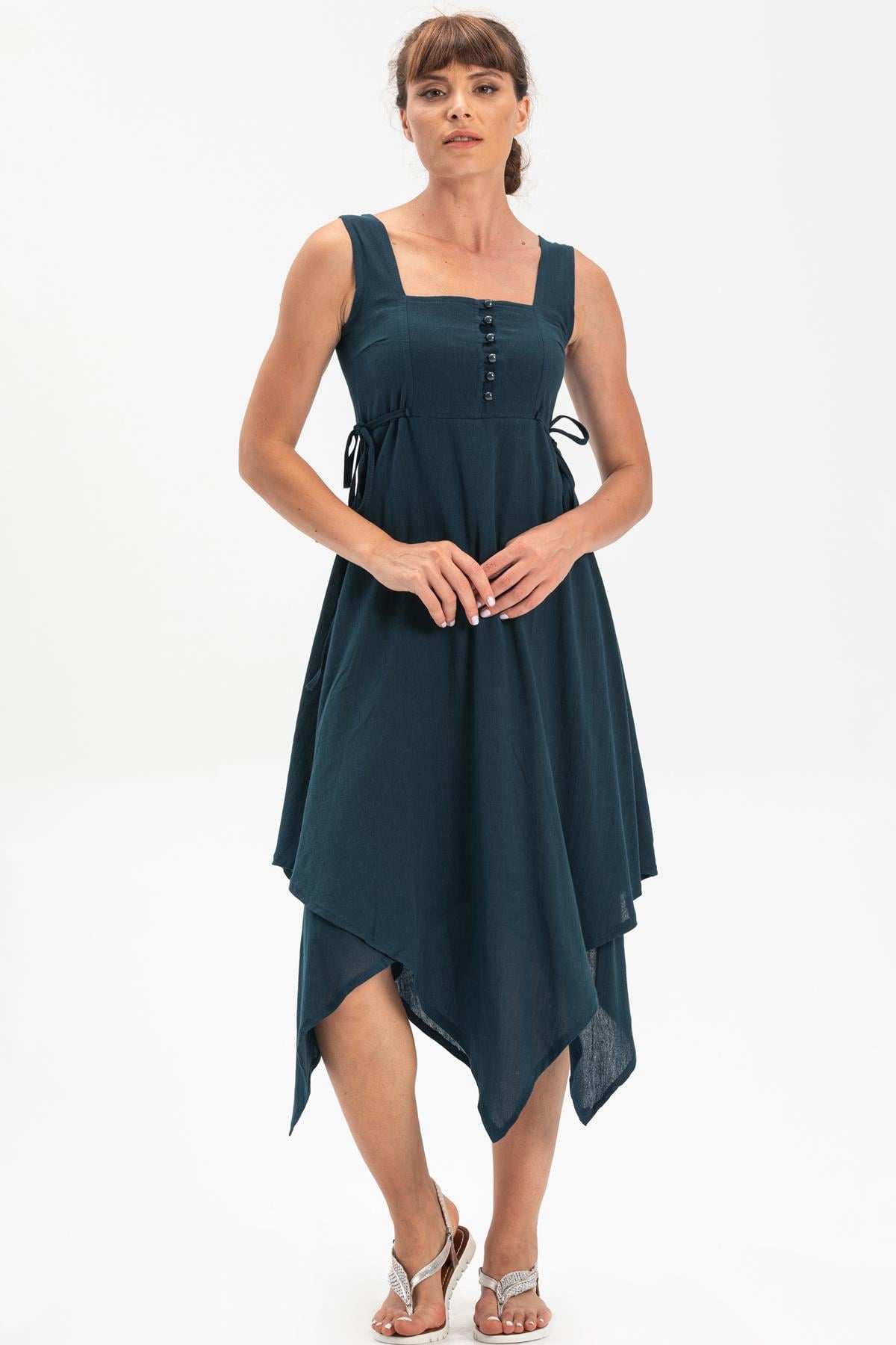 Sleeveless Şile Fabric Üçgen Katlı Midi Dress Petrol