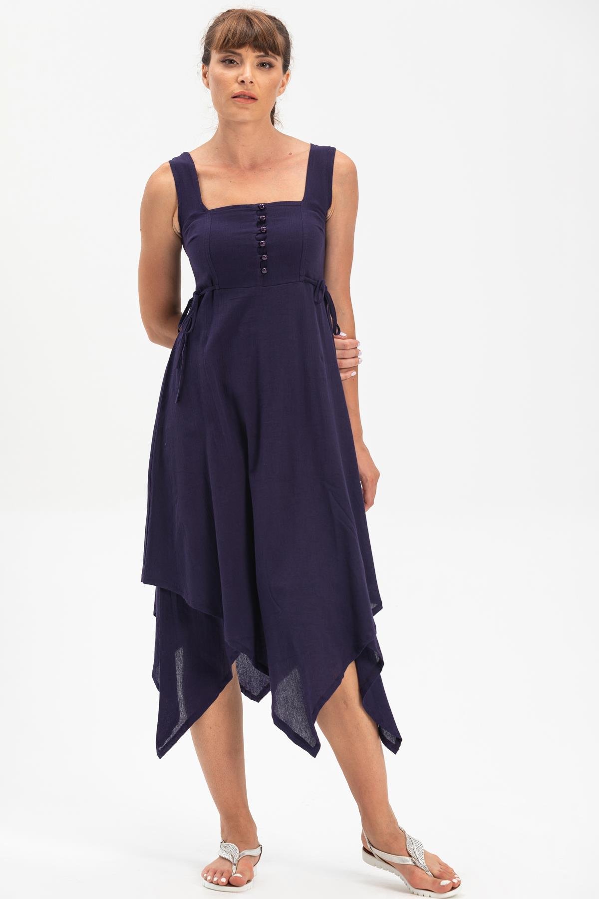 Sleeveless Şile Fabric Üçgen Katlı Midi Dress Purple