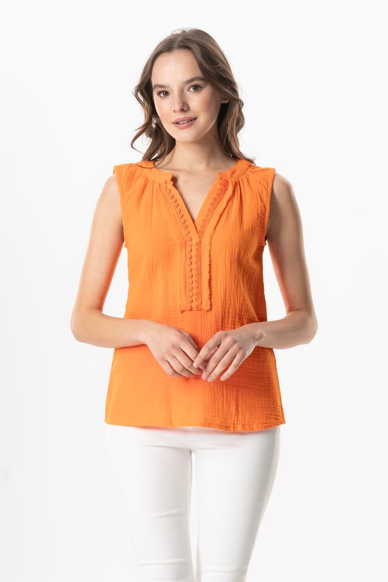 Sleeveless V-Neck Berrin Guipure Detailed Muslin Summer Blouse Orange
