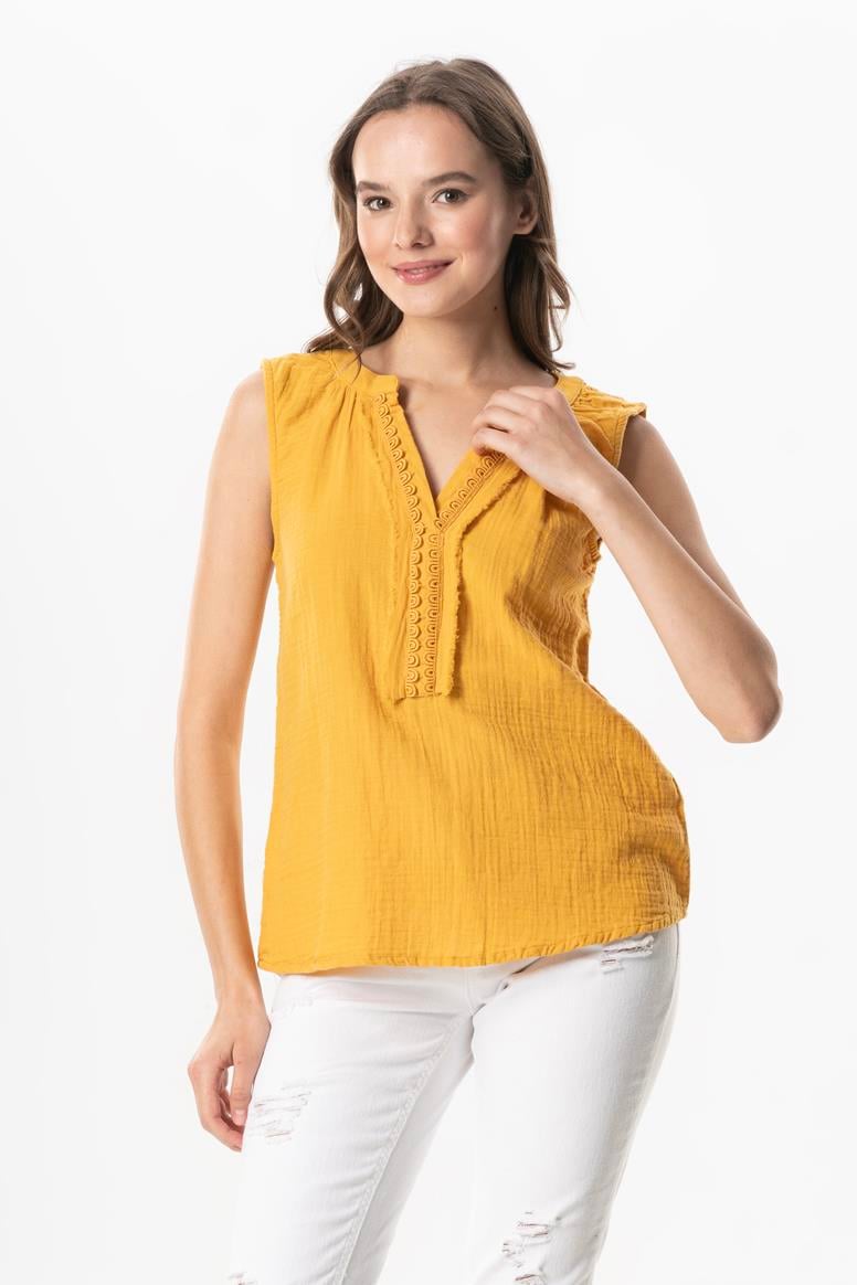 Sleeveless V Neck Berrin Guipure Detailed Muslin Summer Blouse Mustard