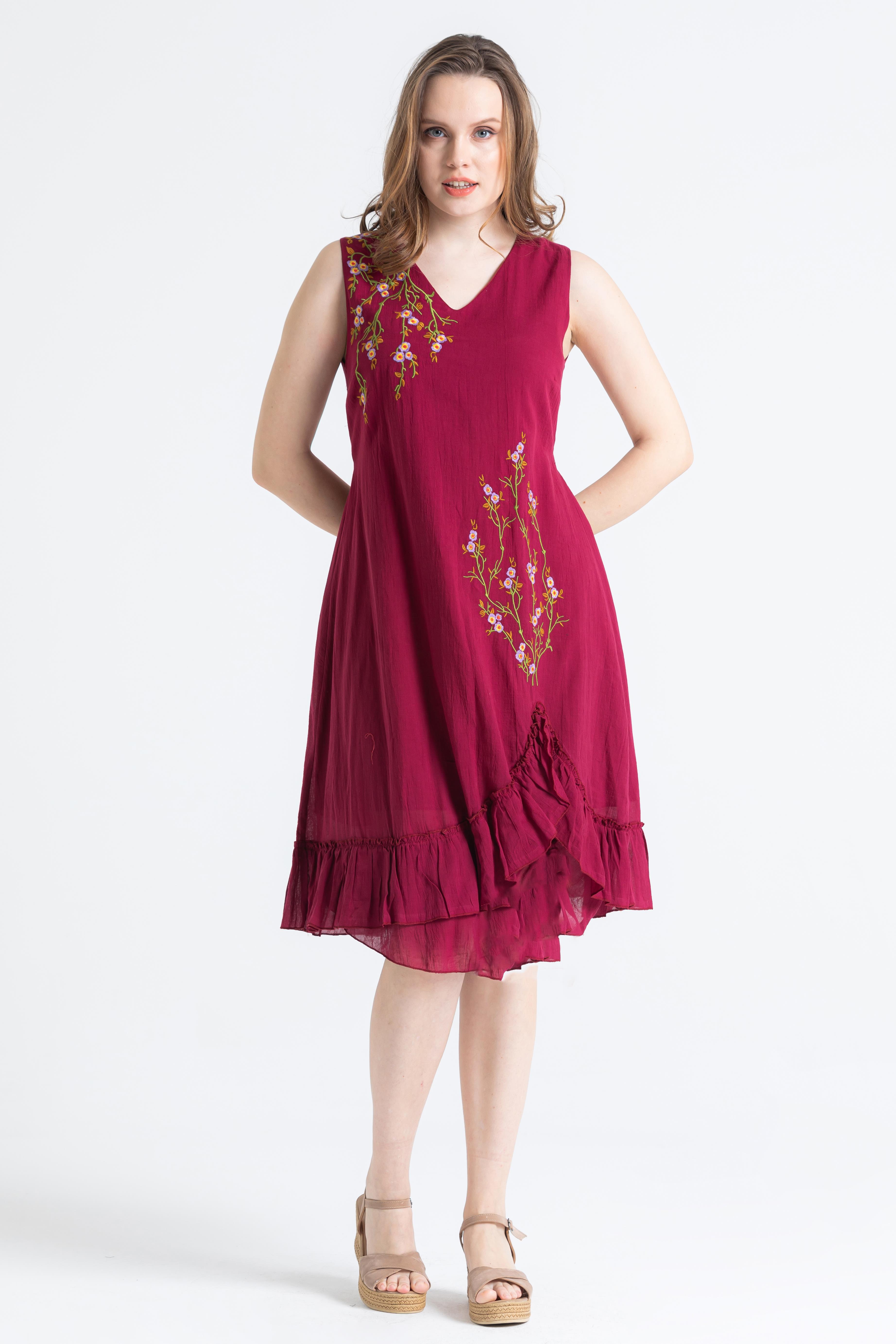Sleeveless Voile Candan Slit Midi Length Dress Claret Red
