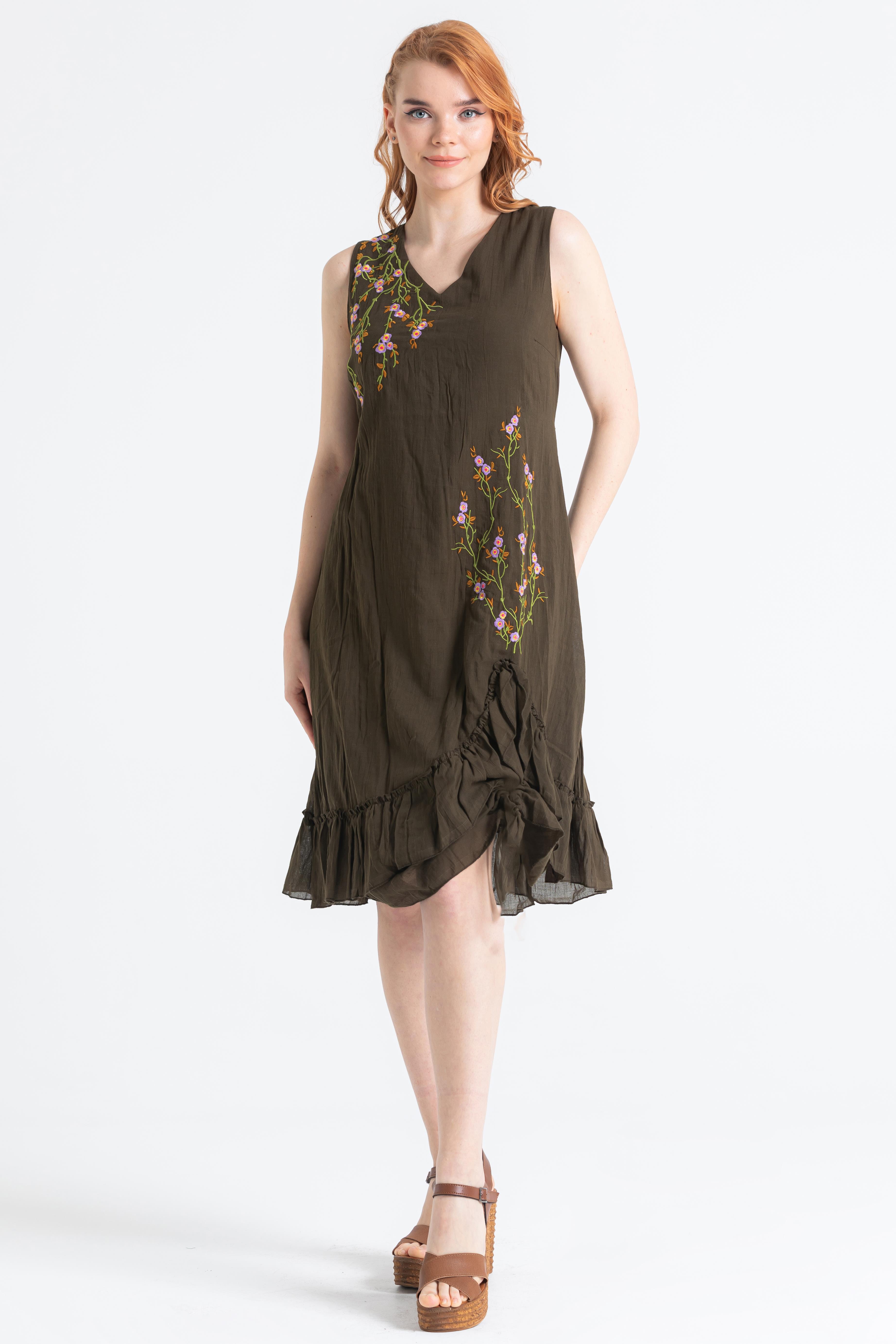 Sleeveless Voile Candan Slit Midi Length Dress Khaki
