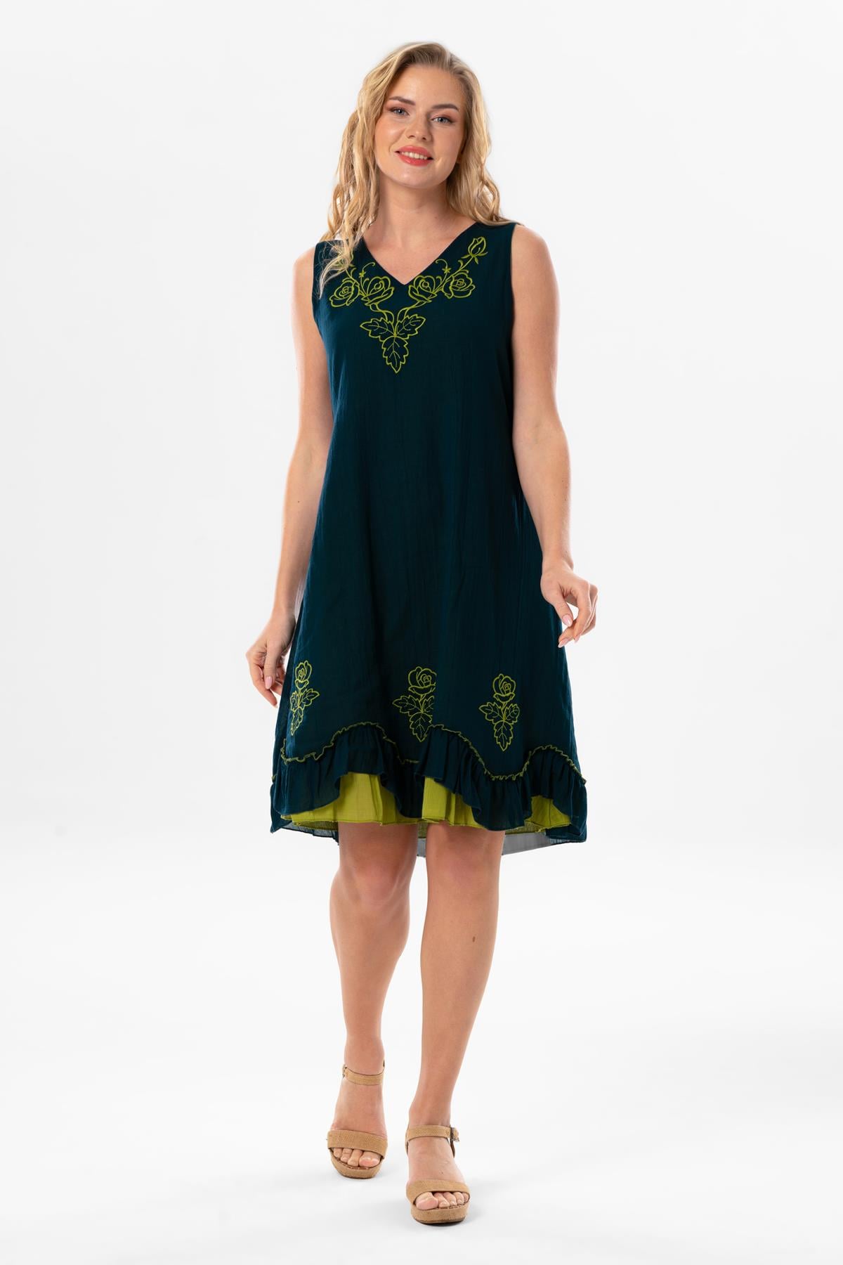 Sleeveless Voile Jülide Midi Length Dress Petrol