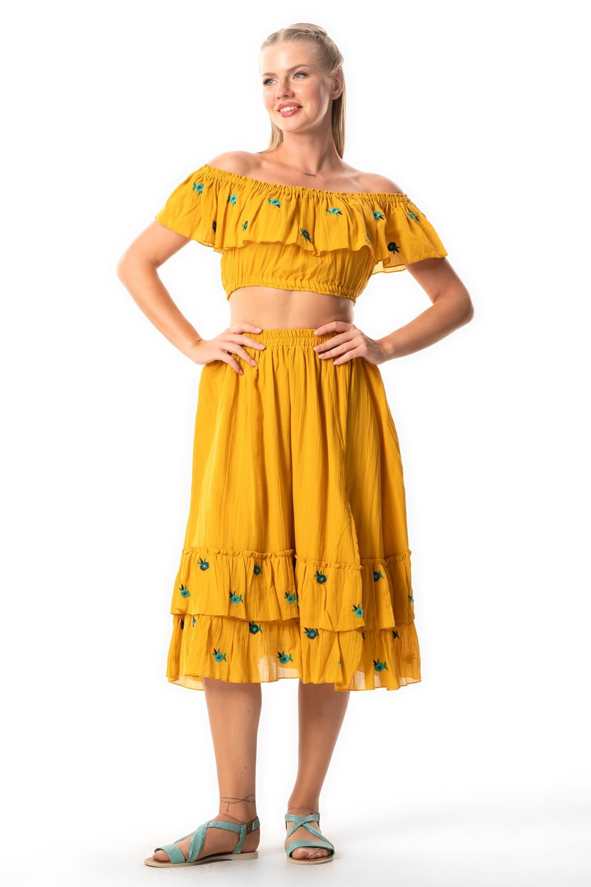 Lavinya Voile Embroidered Long Summer Skirt Mustard