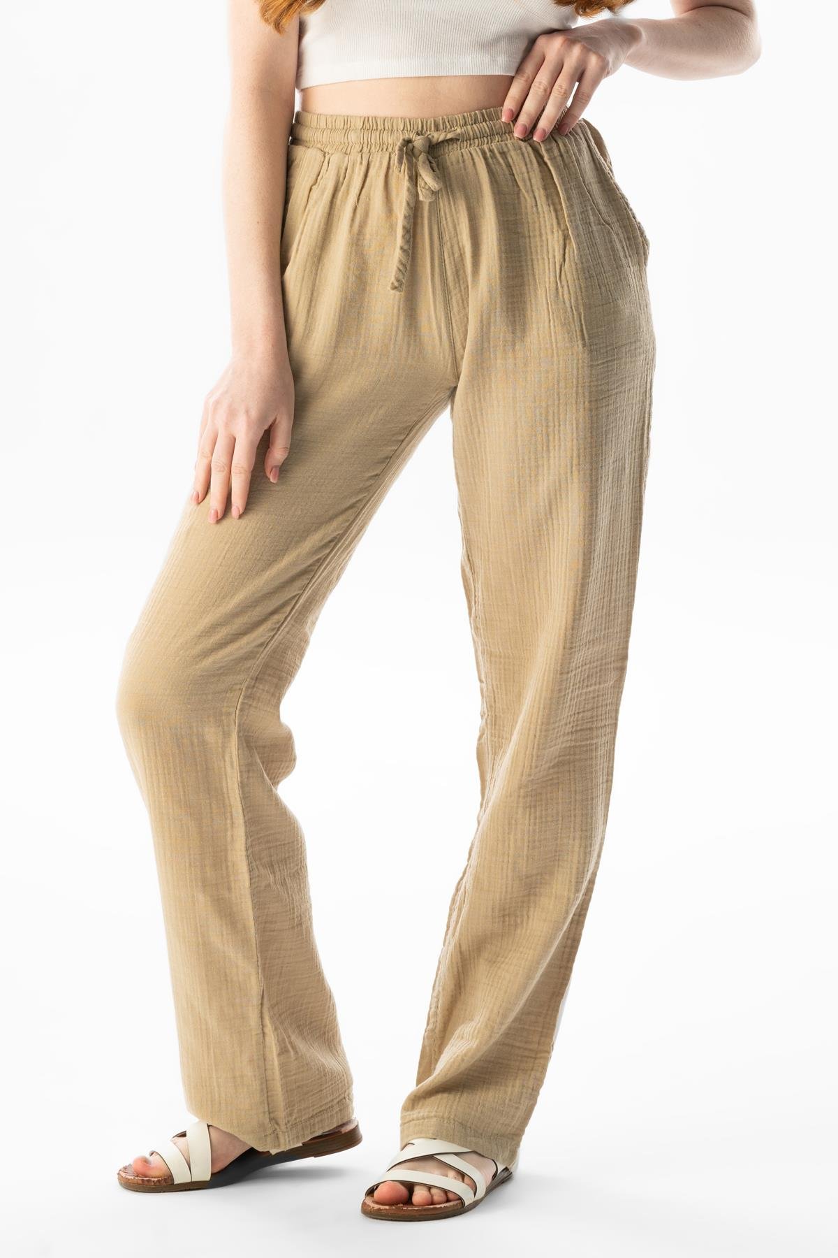 Muslin Waist Lace-Up Double Pocket Women's Trousers Mink