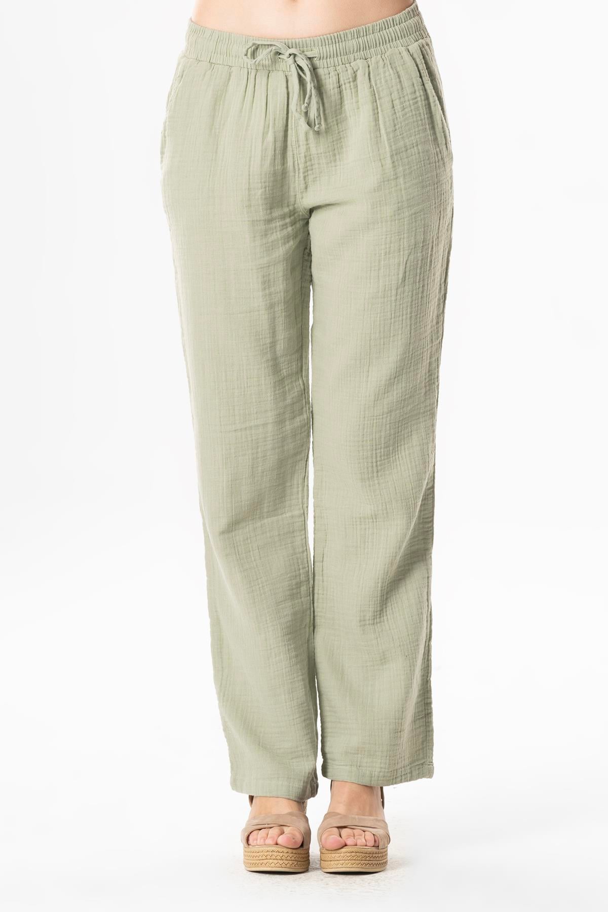 Müslin Beli Bağcıklı Çift Cepli Kadın Yazlık Pantolon Zeytin Yeşili Zytnysl