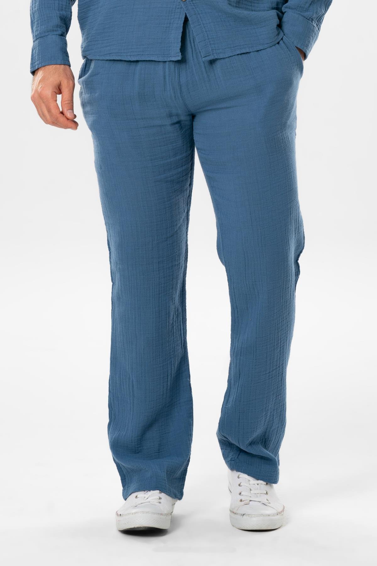 Müslin Beli Lastikli Çift Cepli Erkek Yazlık Pantolon İndigo indg