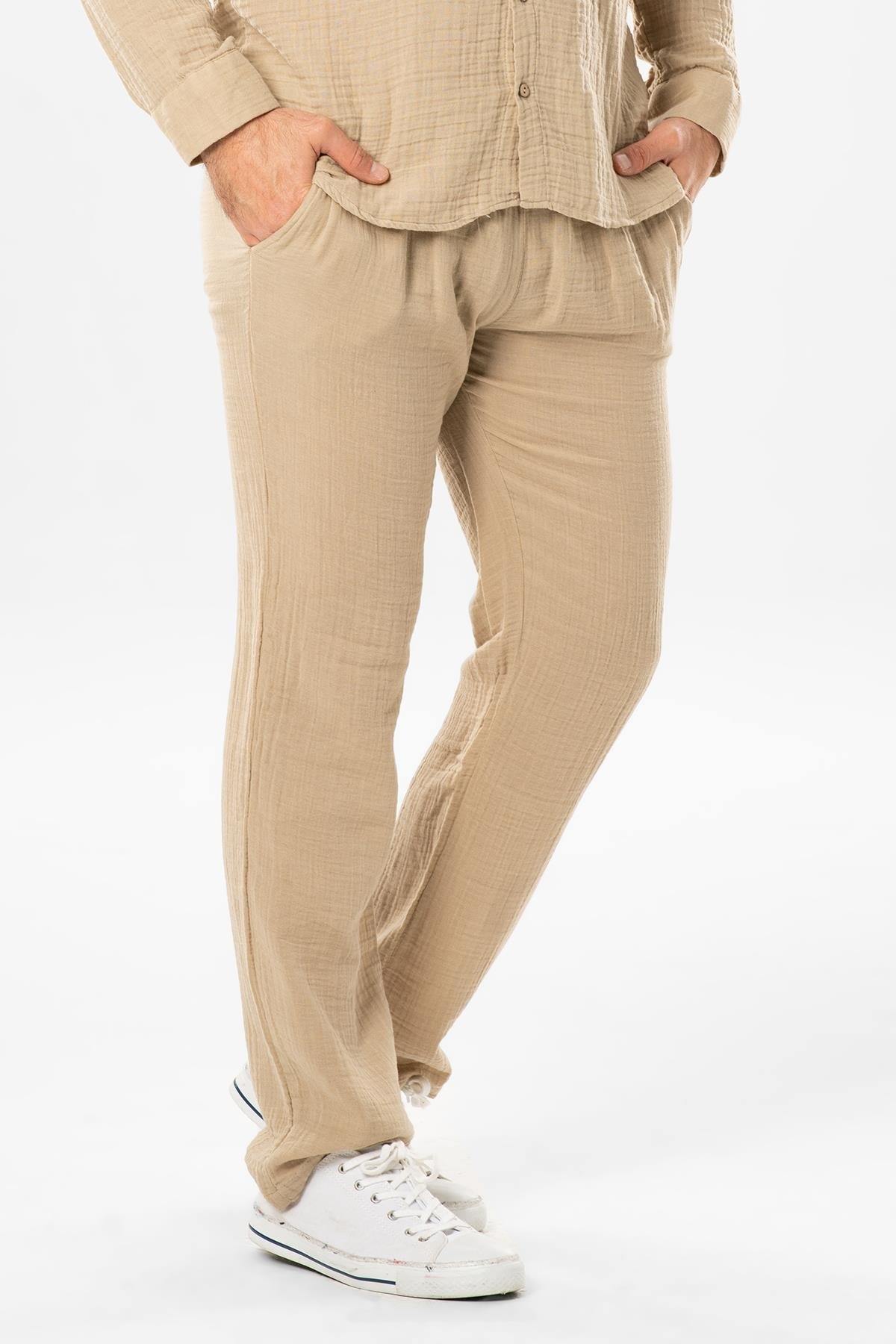 Muslin Elastic Waist Double Pocket Men s Summer Trousers Mink silemoda