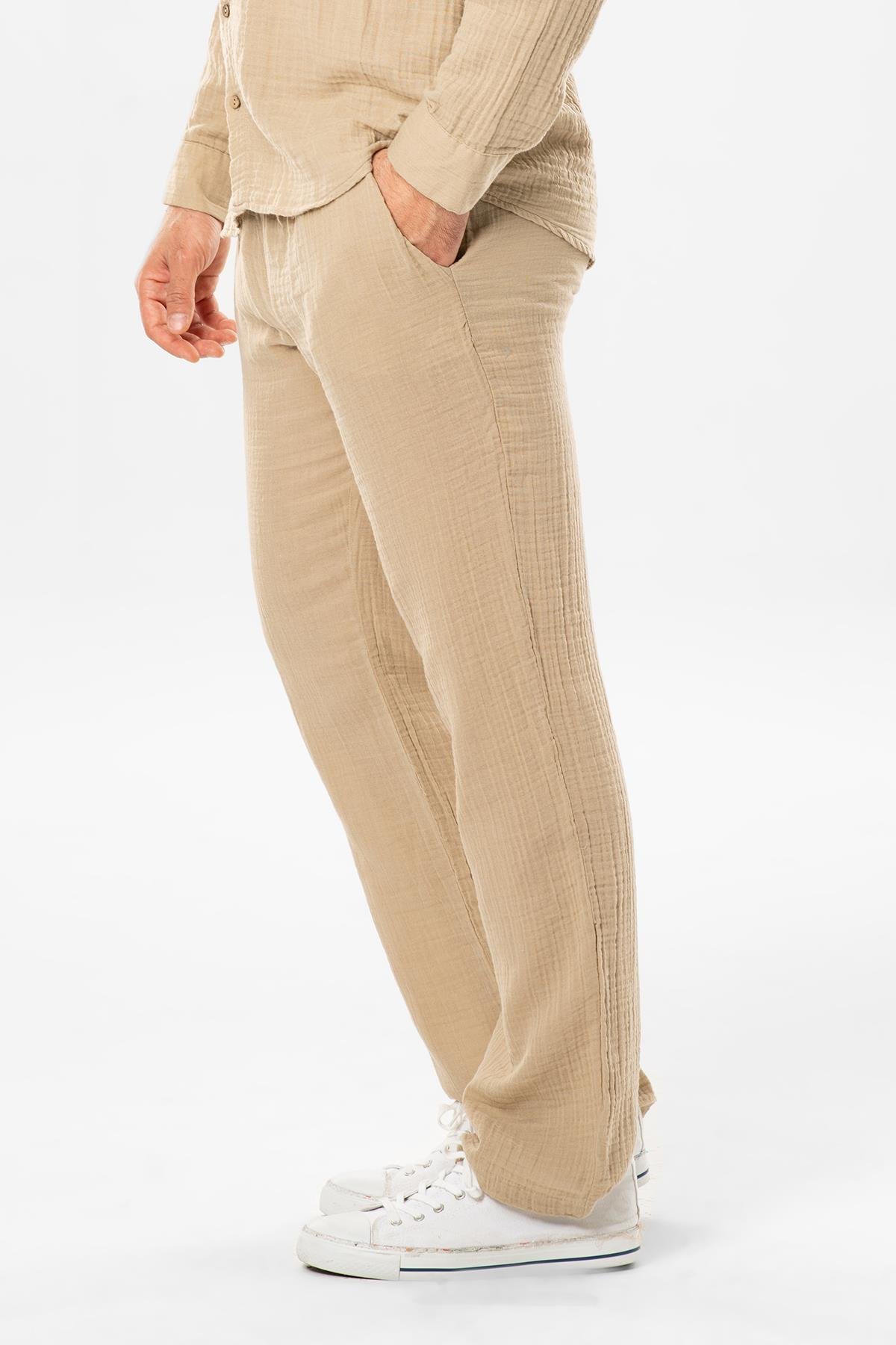 Muslin Elastic Waist Double Pocket Men's Summer Trousers