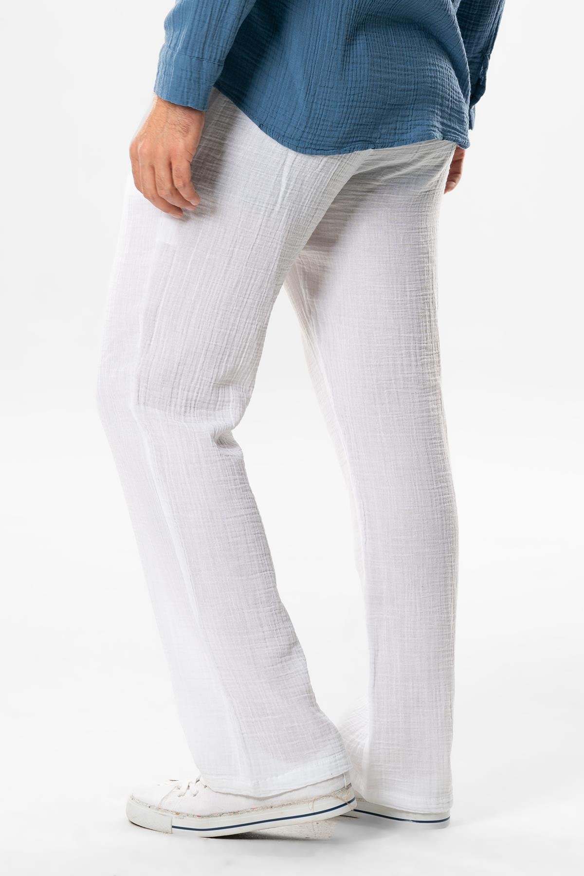 Muslin Elastic Waist Double Pocket Men's Summer Trousers White