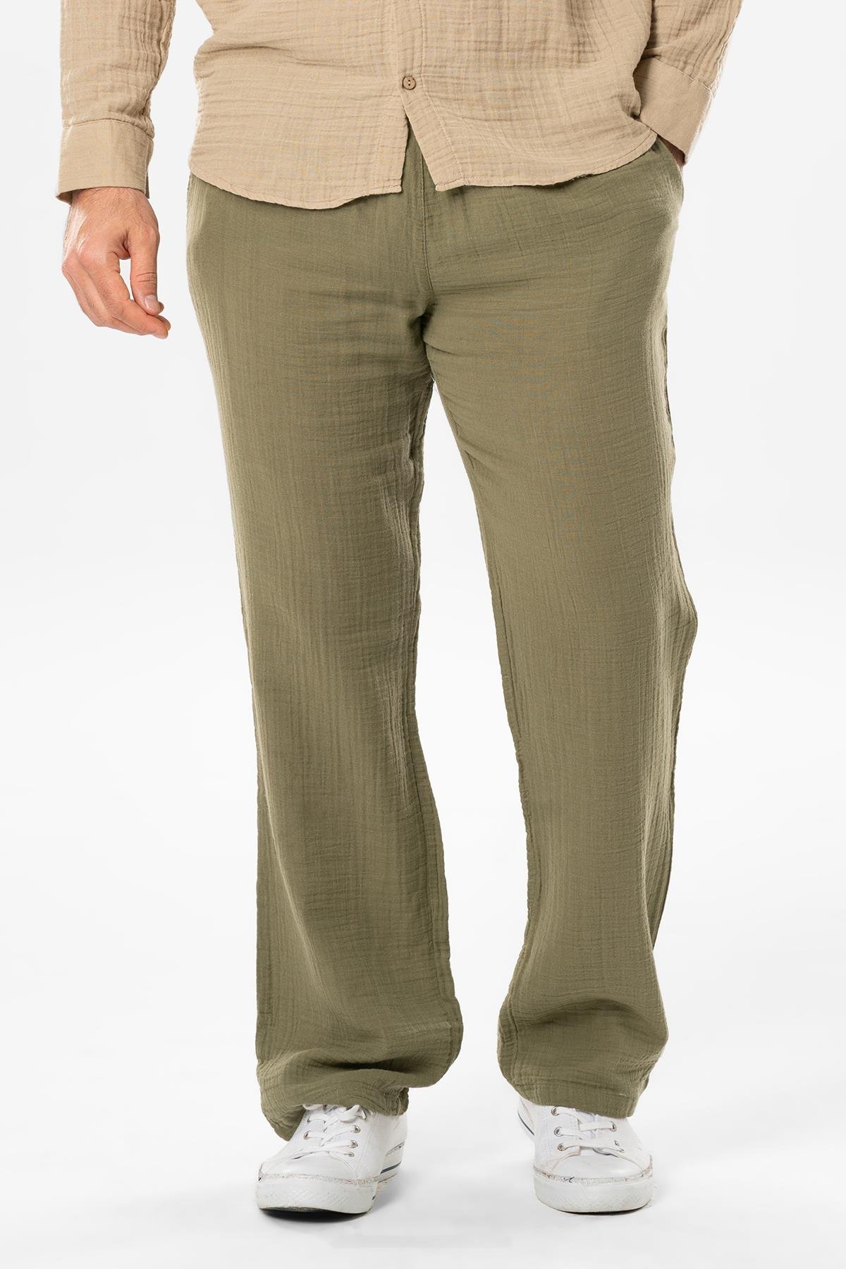 Muslin Elastic Waist Double Pocket Men's Summer Trousers Haki