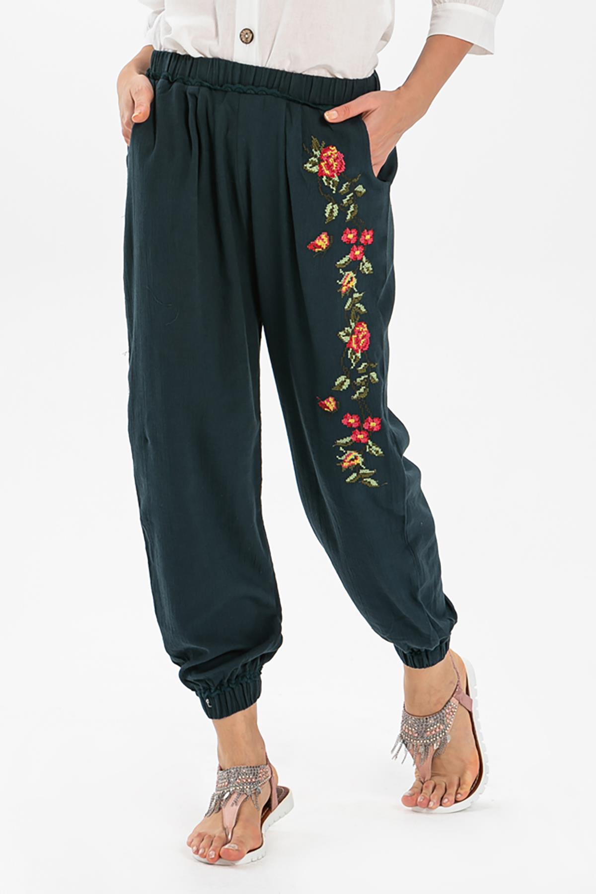 Embroidered Sile Fabric Asya Shalwar Petrol
