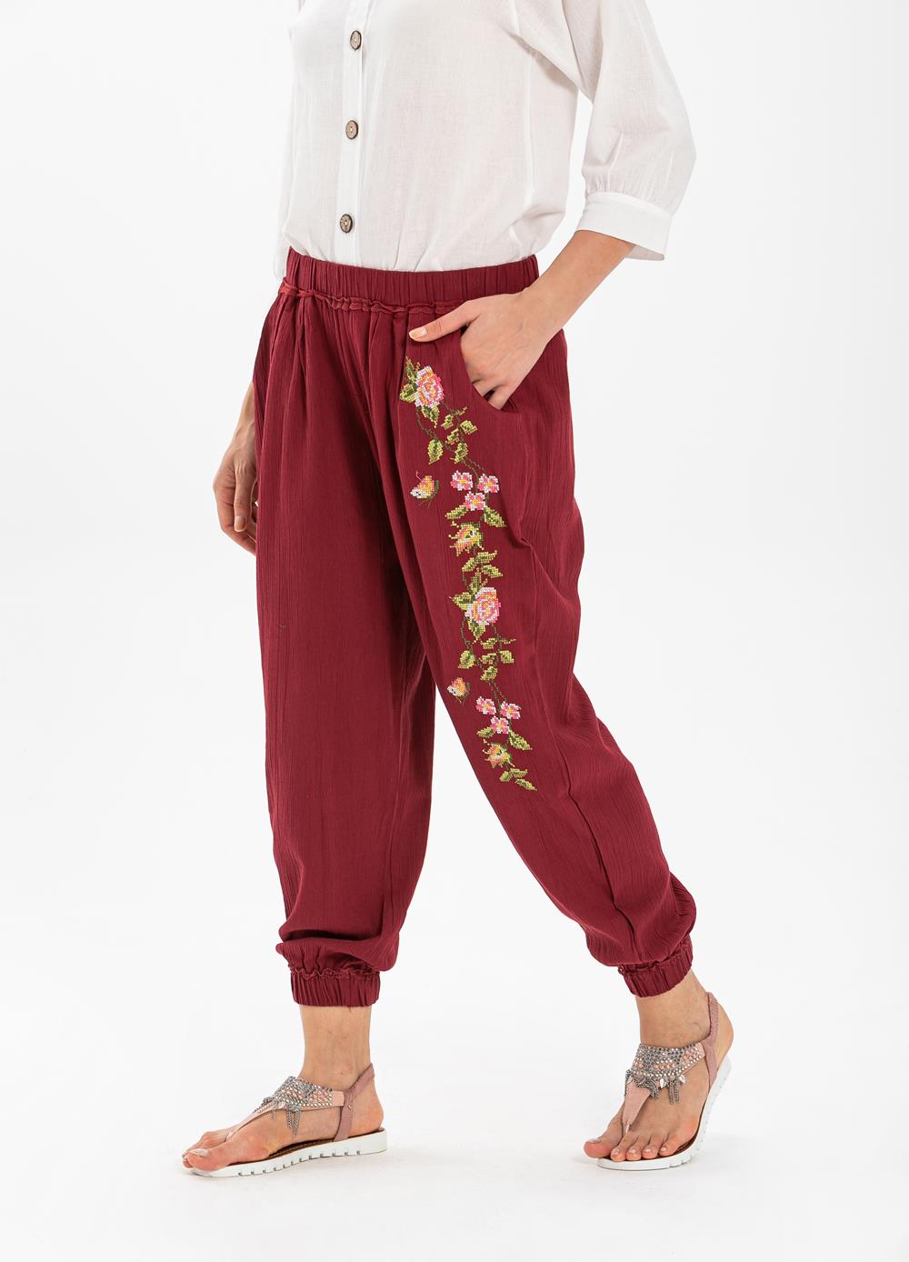 Embroidered Sile Fabric Asya Shalwar Claret Red